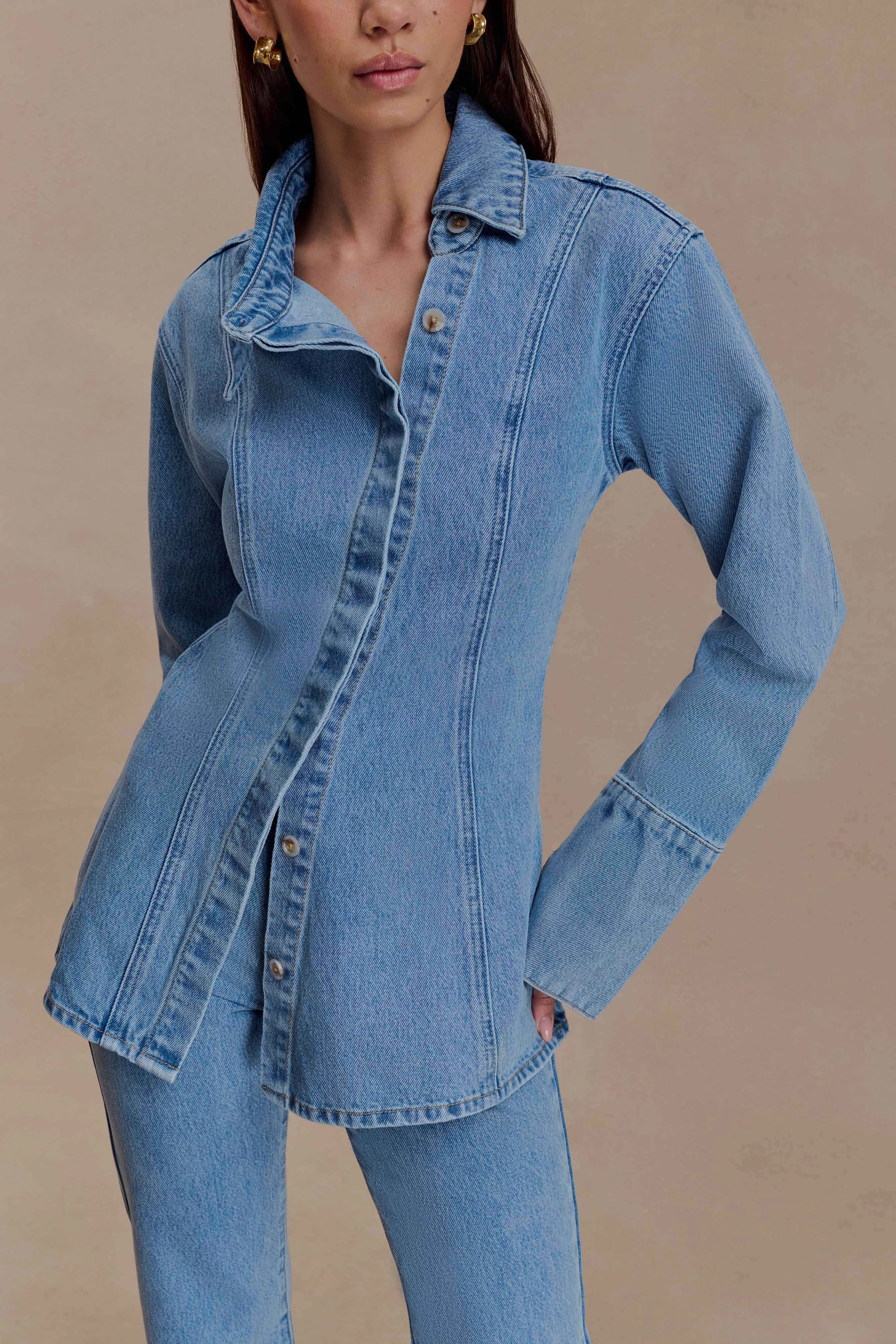 Jericho Asymmetrical Denim Shirt - Classic Blue sold by Meshki product image thumbnail 3