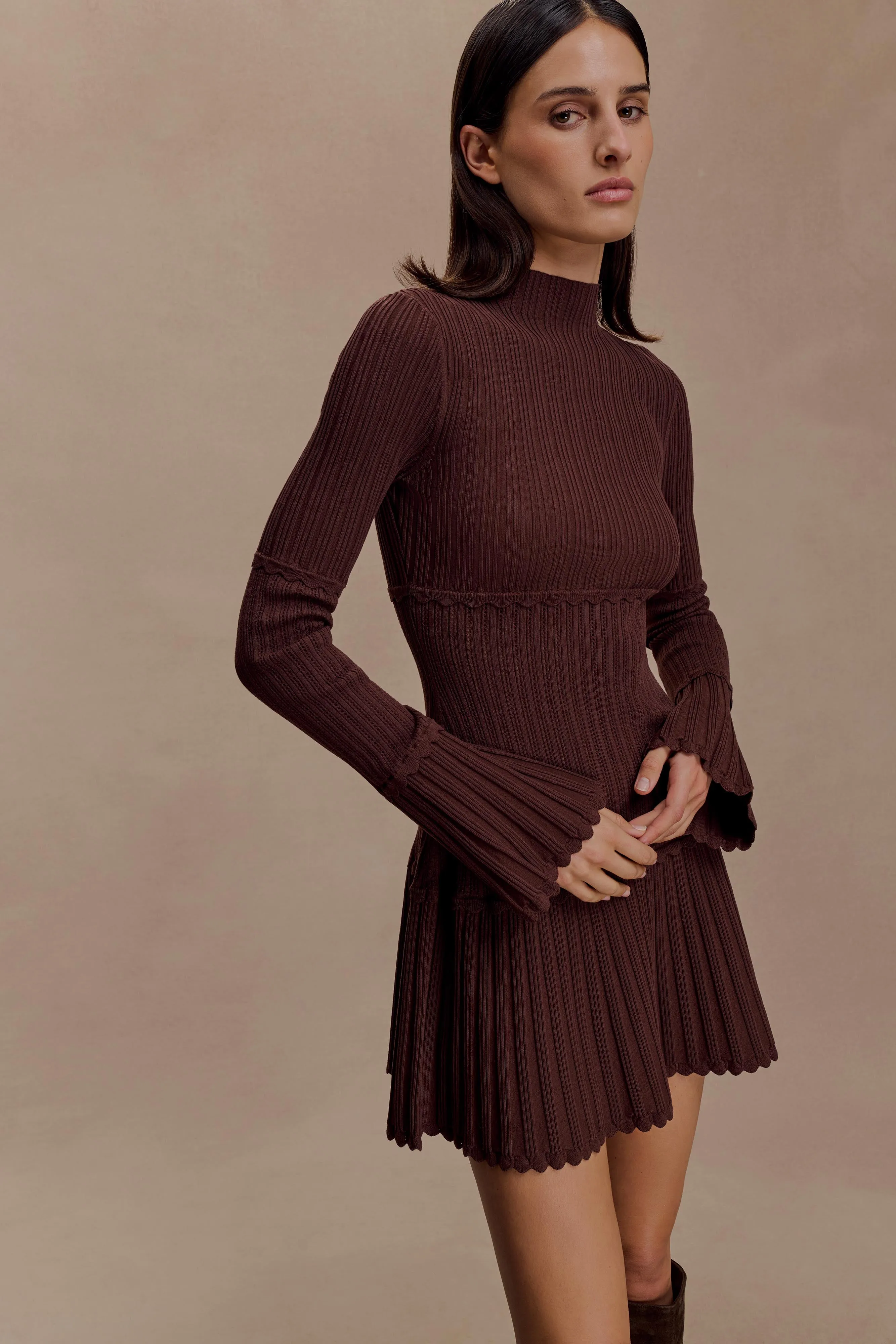 Adena Pointelle Knit Mini Dress - Chocolate sold by Meshki product image thumbnail 3