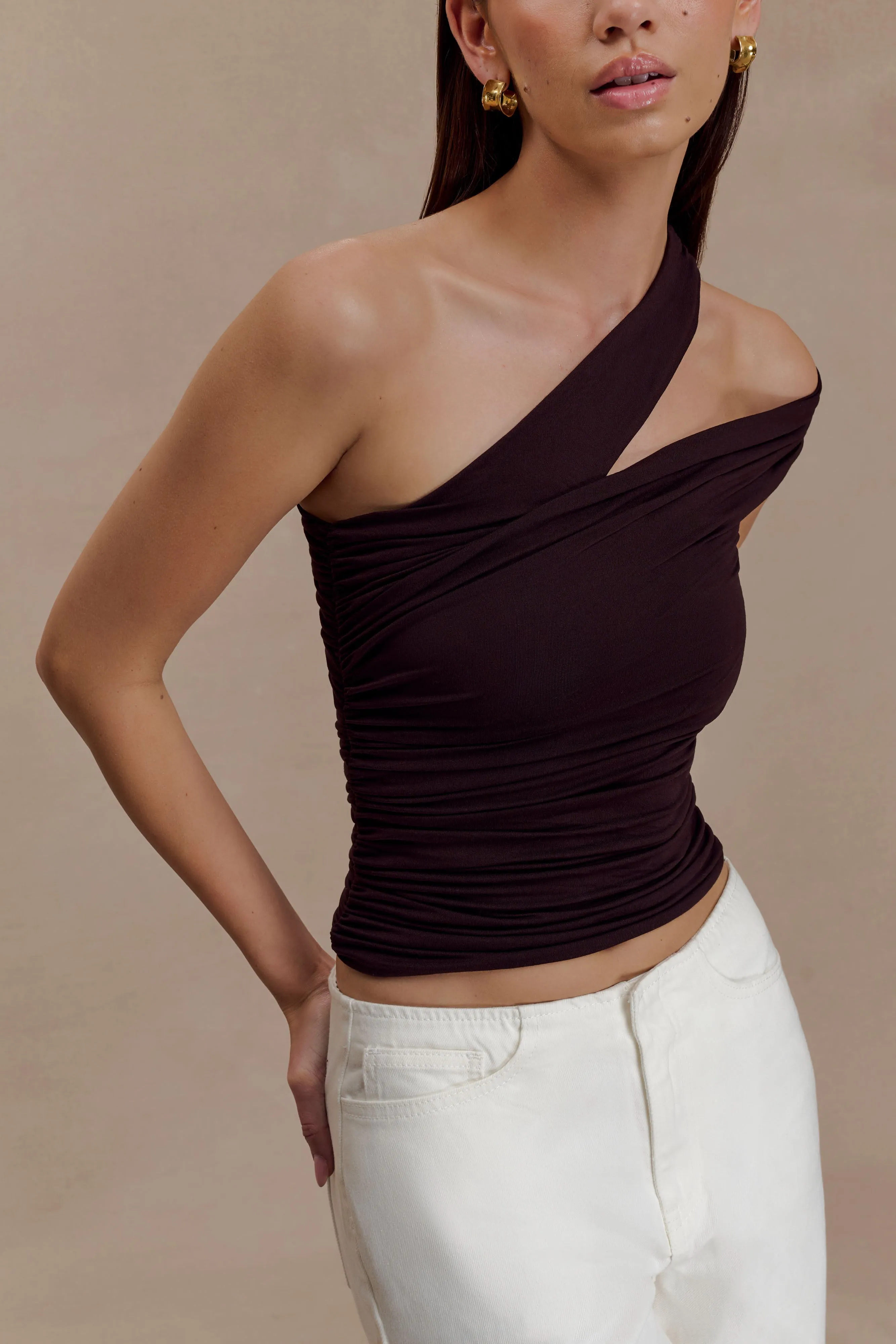 Anna One Shoulder Modal Top - Cacao Brown sold by Meshki