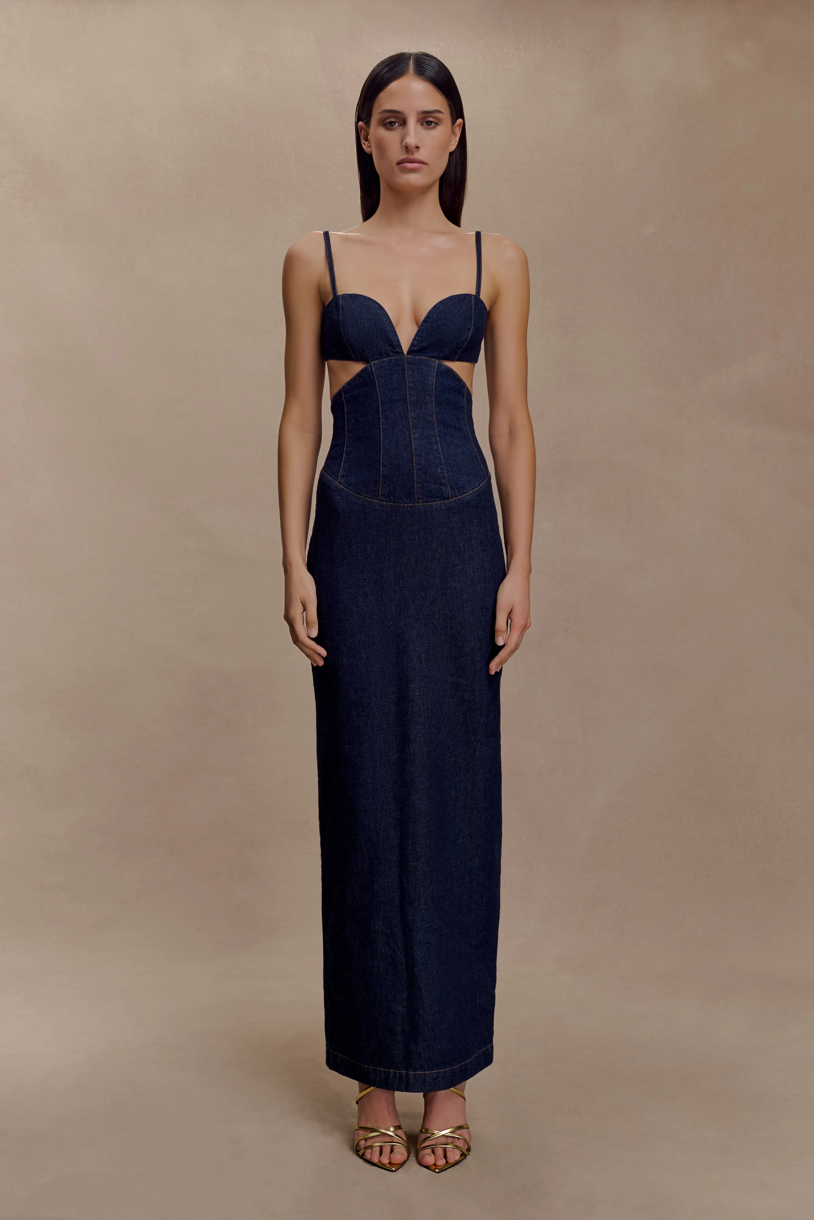 Amila Denim Cupped Maxi Dress - Indigo Blue sold by Meshki