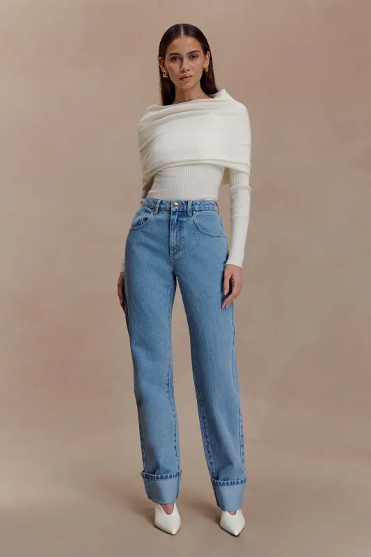 Kirralee Straight Leg Cuffed Jeans - Classic Blue sold by Meshki