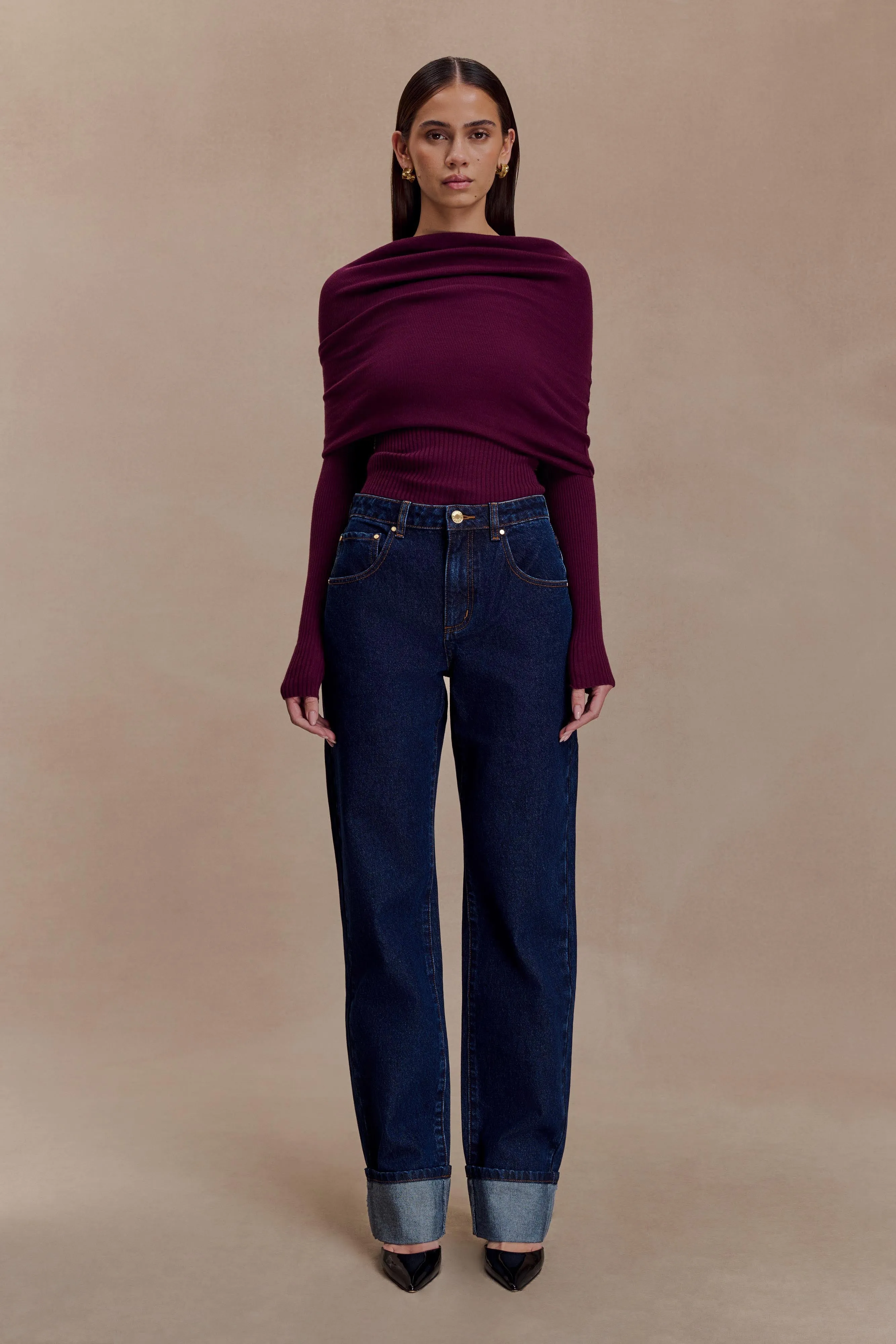 Kirralee Straight Leg Cuffed Jeans - Indigo Blue sold by Meshki