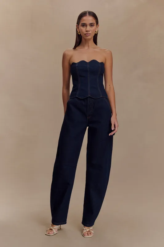 Oakley Strapless Scallop Denim Top - Indigo Blue sold by Meshki