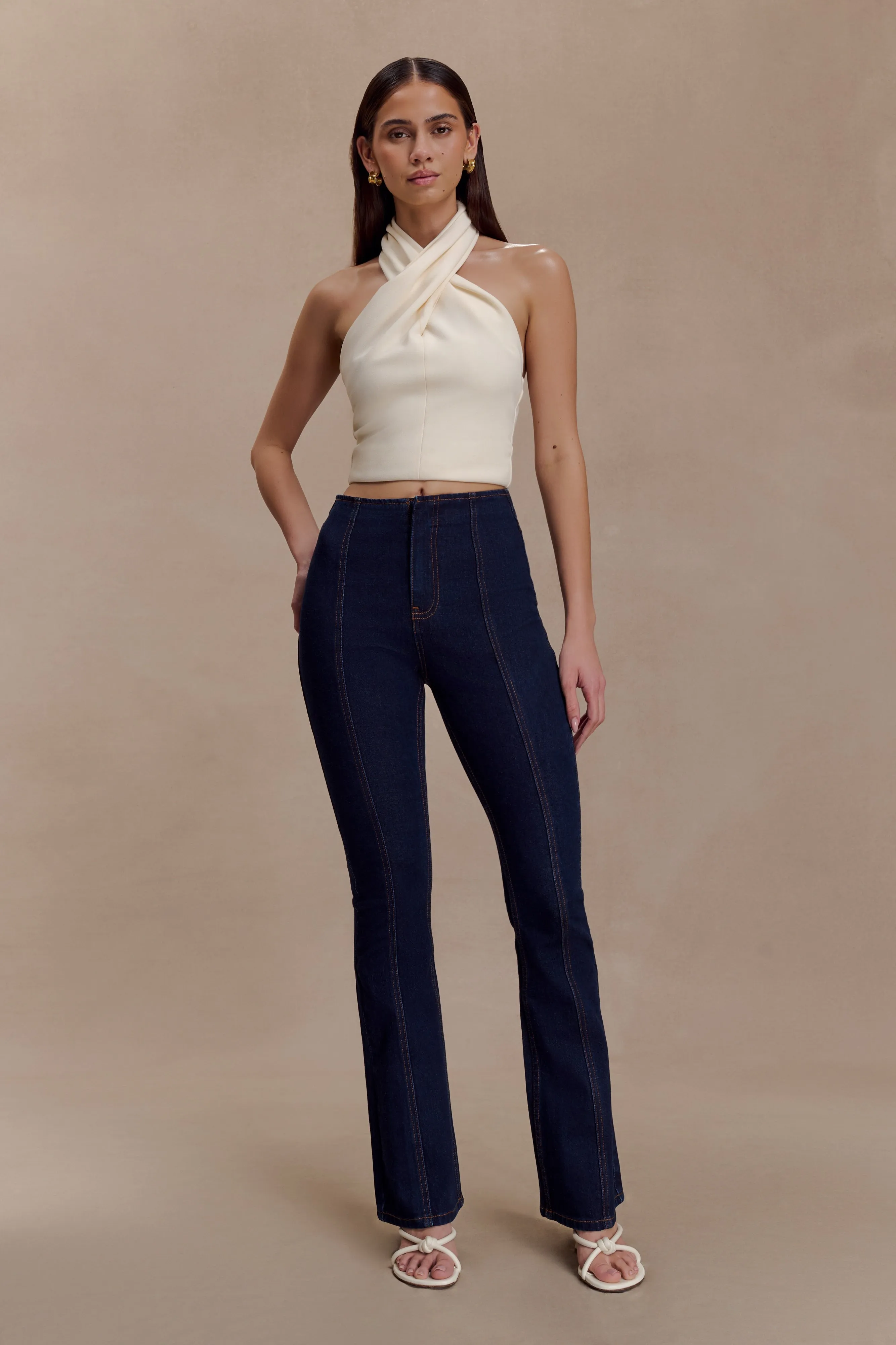Clio Paneled Flare Jeans - Indigo Blue sold by Meshki