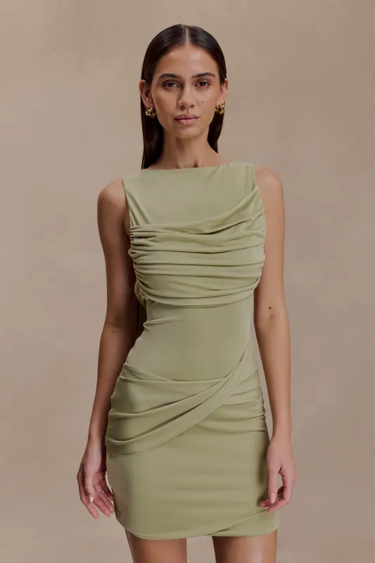 Henley Slinky Drape Mini Dress - Sage sold by Meshki