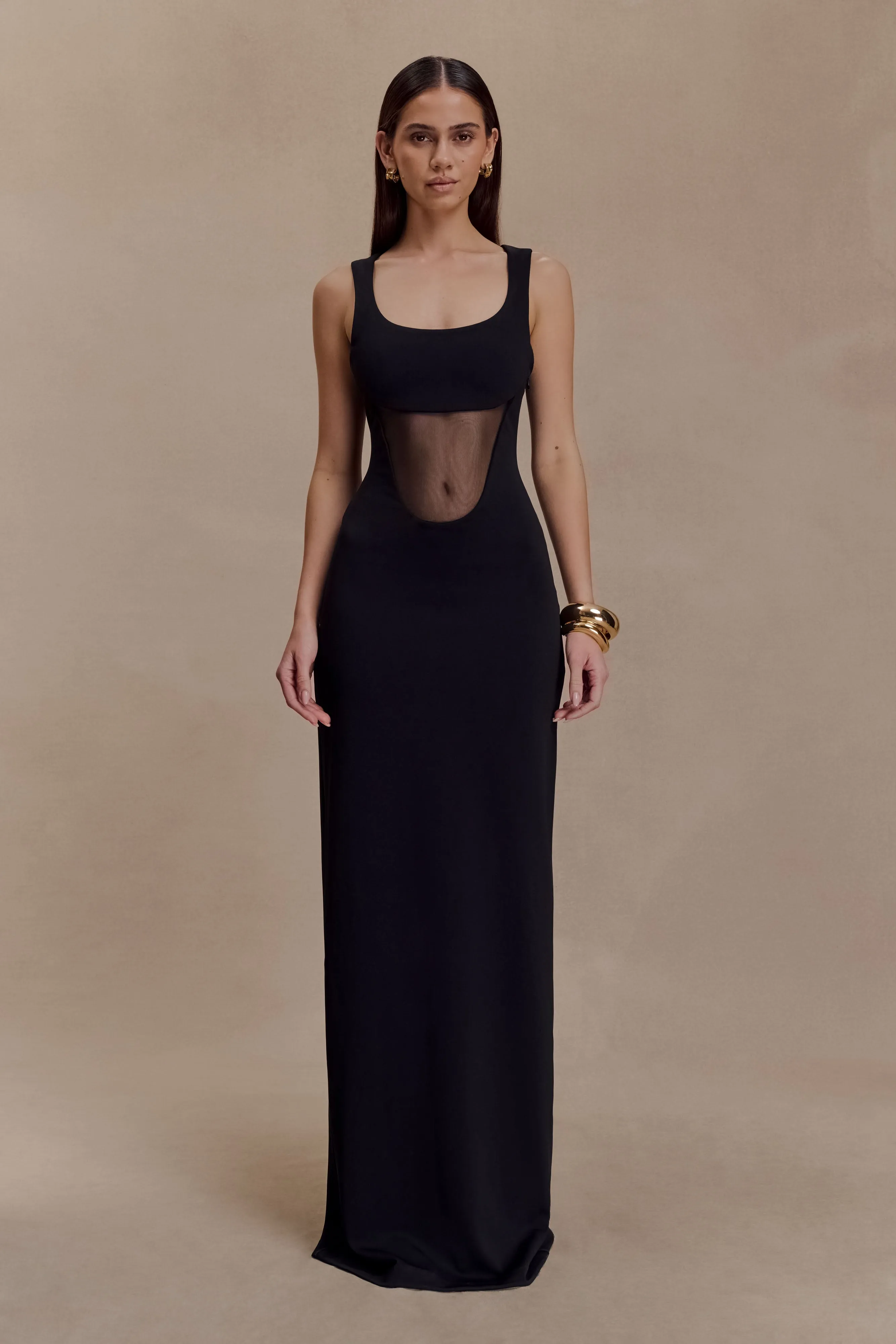 Marlon Crepe And Mesh Maxi Dress - Black sold by Meshki