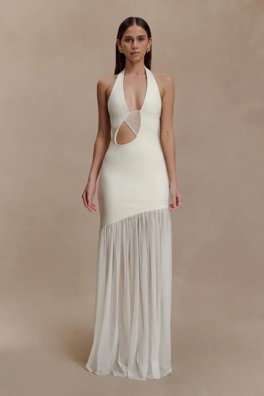Aubree Crepe And Mesh Maxi Dress - Ivory sold by Meshki