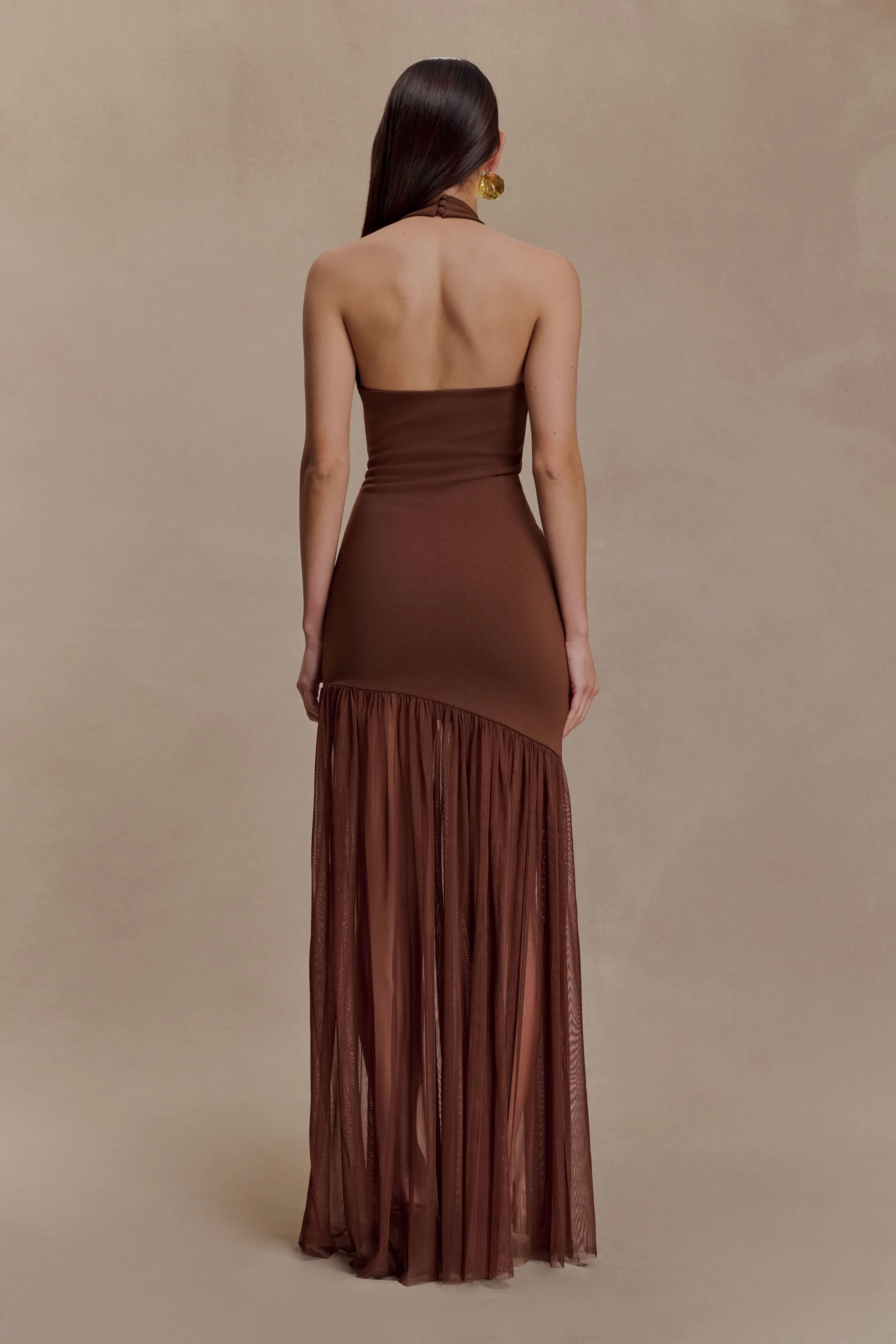 Aubree Crepe And Mesh Maxi Dress - Chocolate/Mocha sold by Meshki product image thumbnail 2