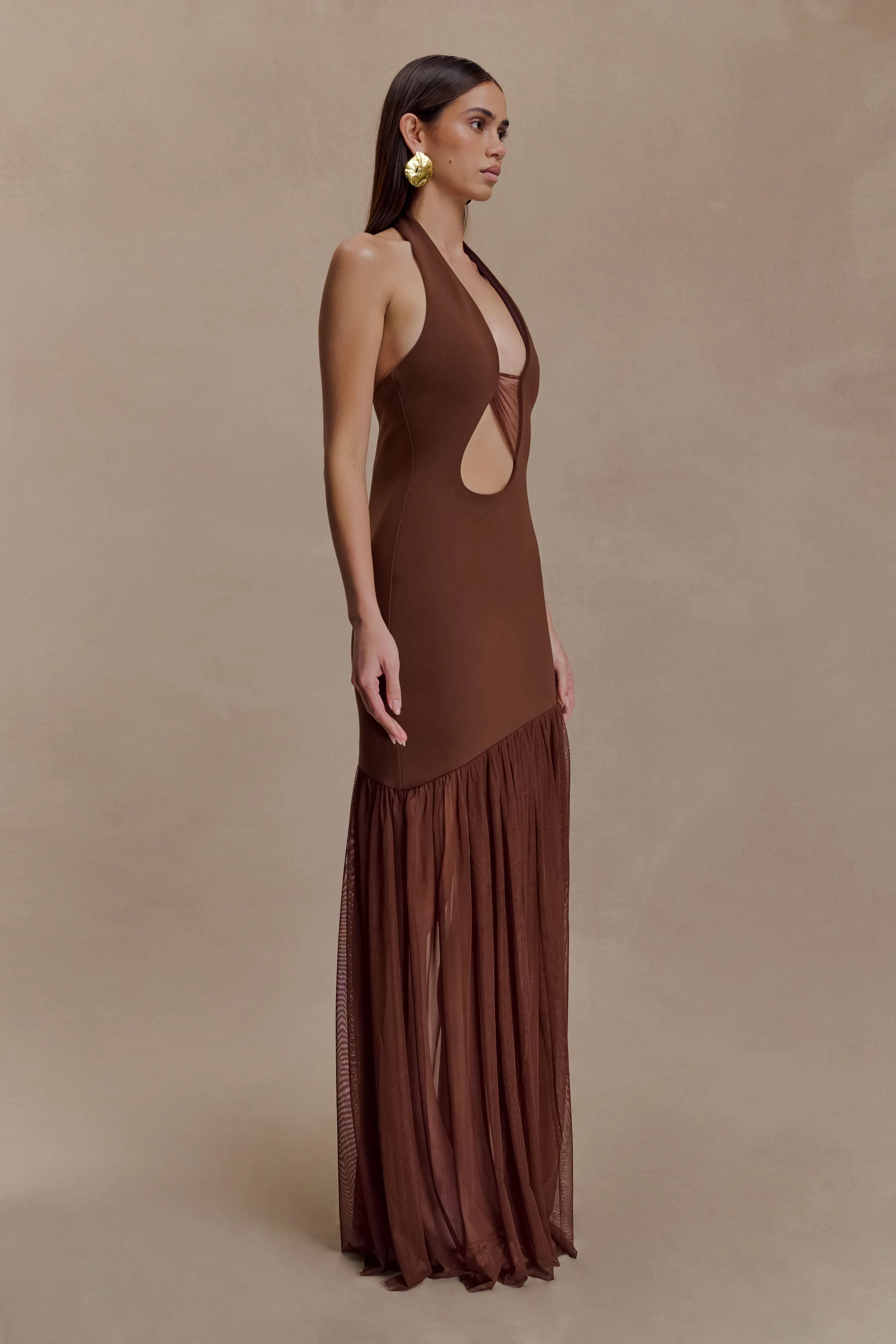 Aubree Crepe And Mesh Maxi Dress - Chocolate/Mocha sold by Meshki product image thumbnail 3