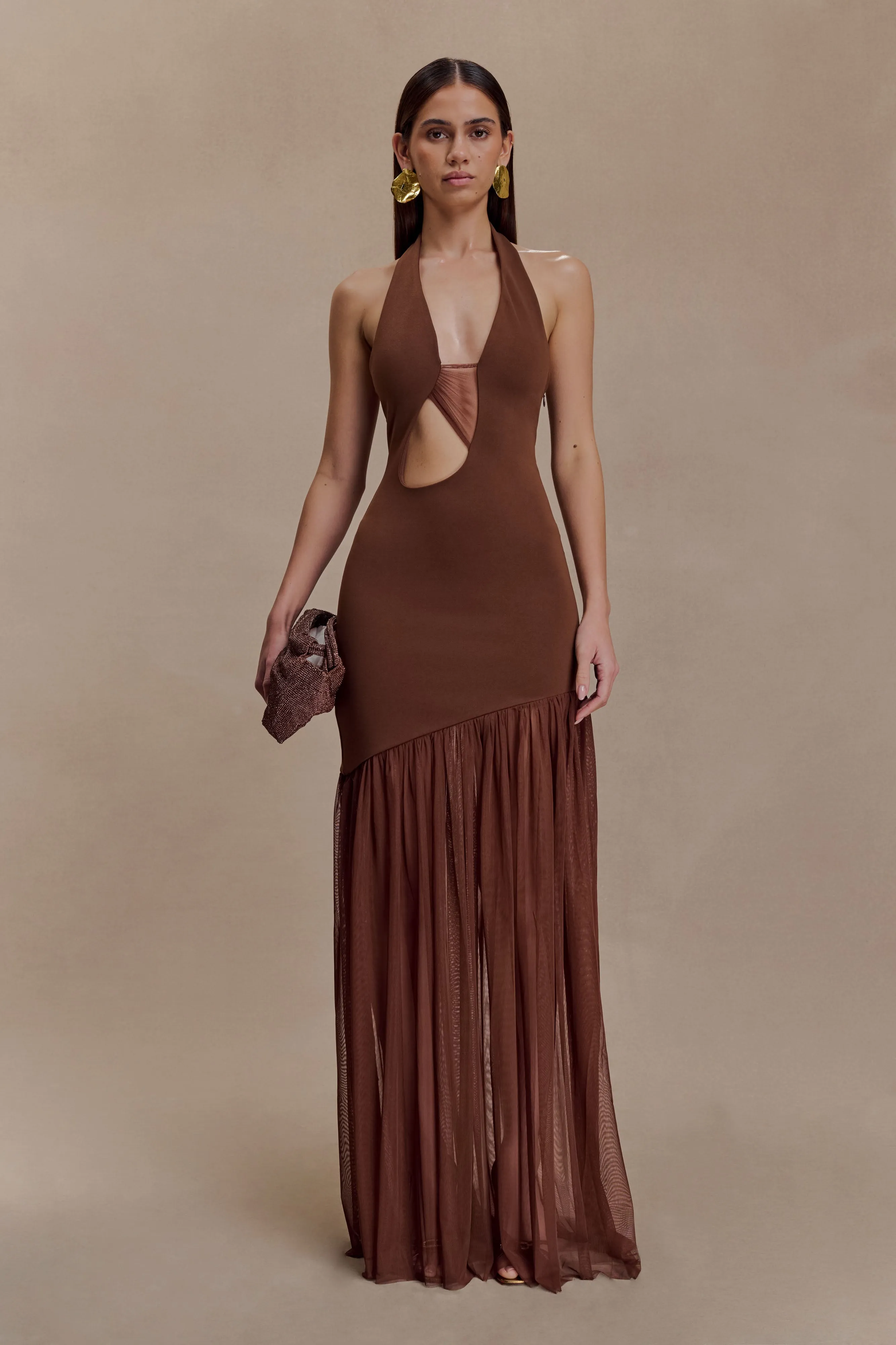 Aubree Crepe And Mesh Maxi Dress - Chocolate/Mocha sold by Meshki