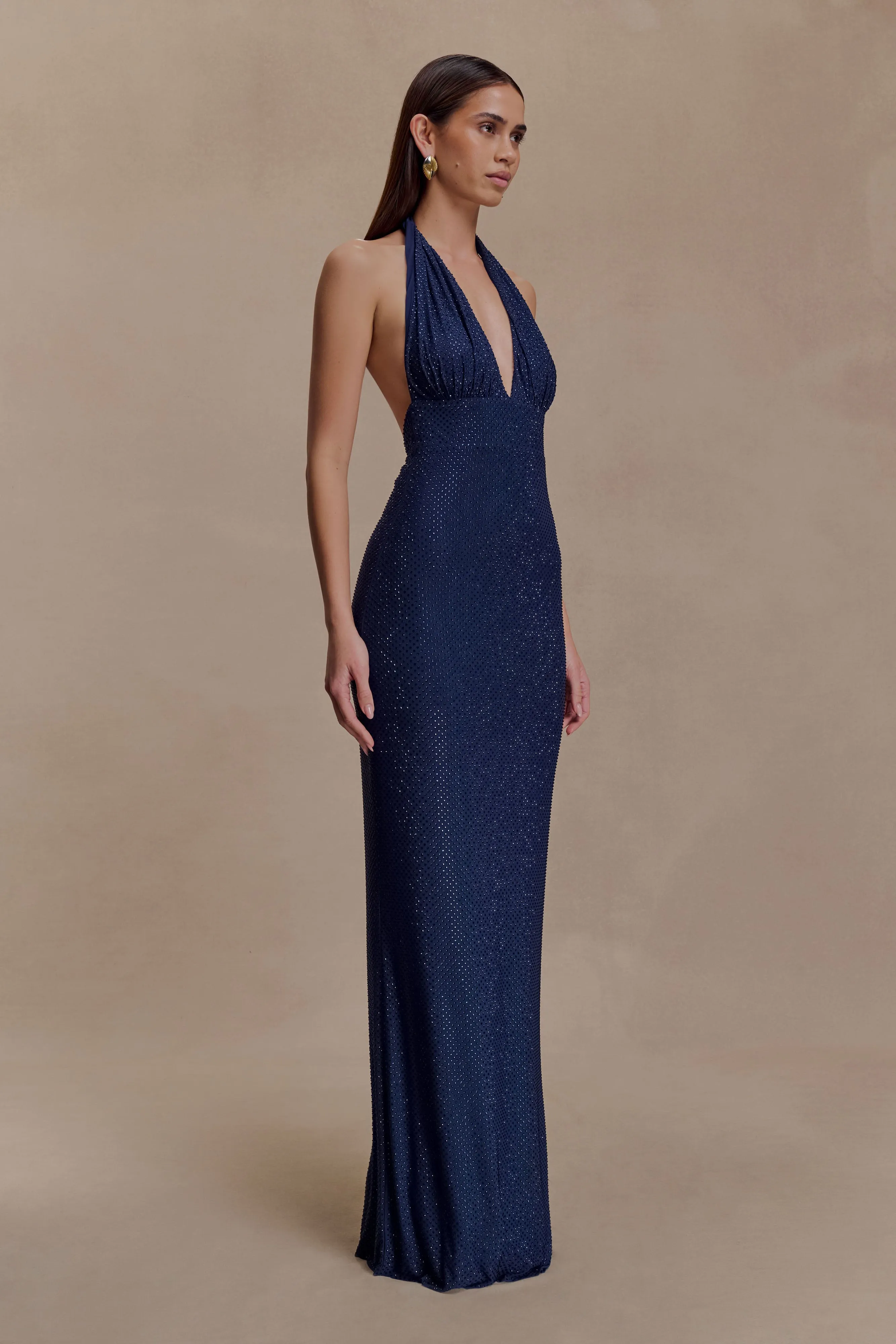 Harriet Halter Neck Diamante Maxi Dress - Navy sold by Meshki product image thumbnail 4