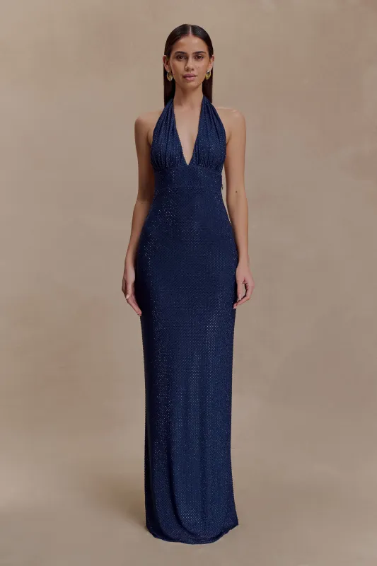 Harriet Halter Neck Diamante Maxi Dress - Navy sold by Meshki