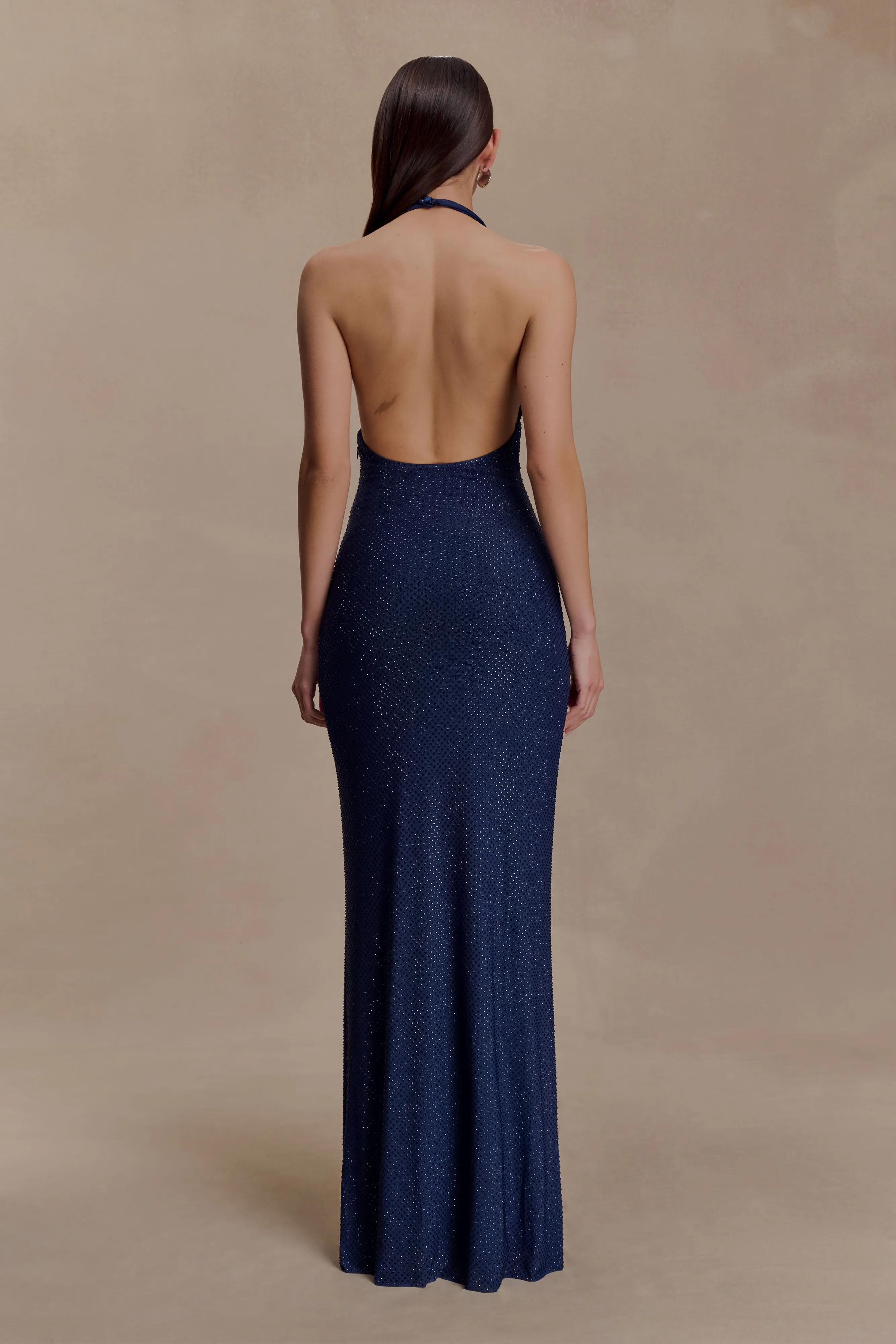 Harriet Halter Neck Diamante Maxi Dress - Navy sold by Meshki product image thumbnail 2