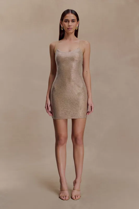 Jasmyn Hot Fix Mini Dress With Mesh Back - Nude sold by Meshki