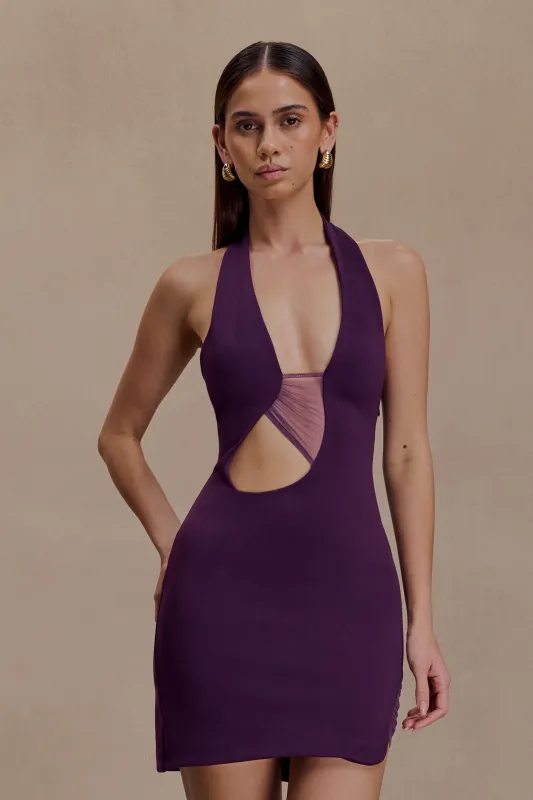 Aubree Crepe And Mesh Mini Dress - Purple sold by Meshki