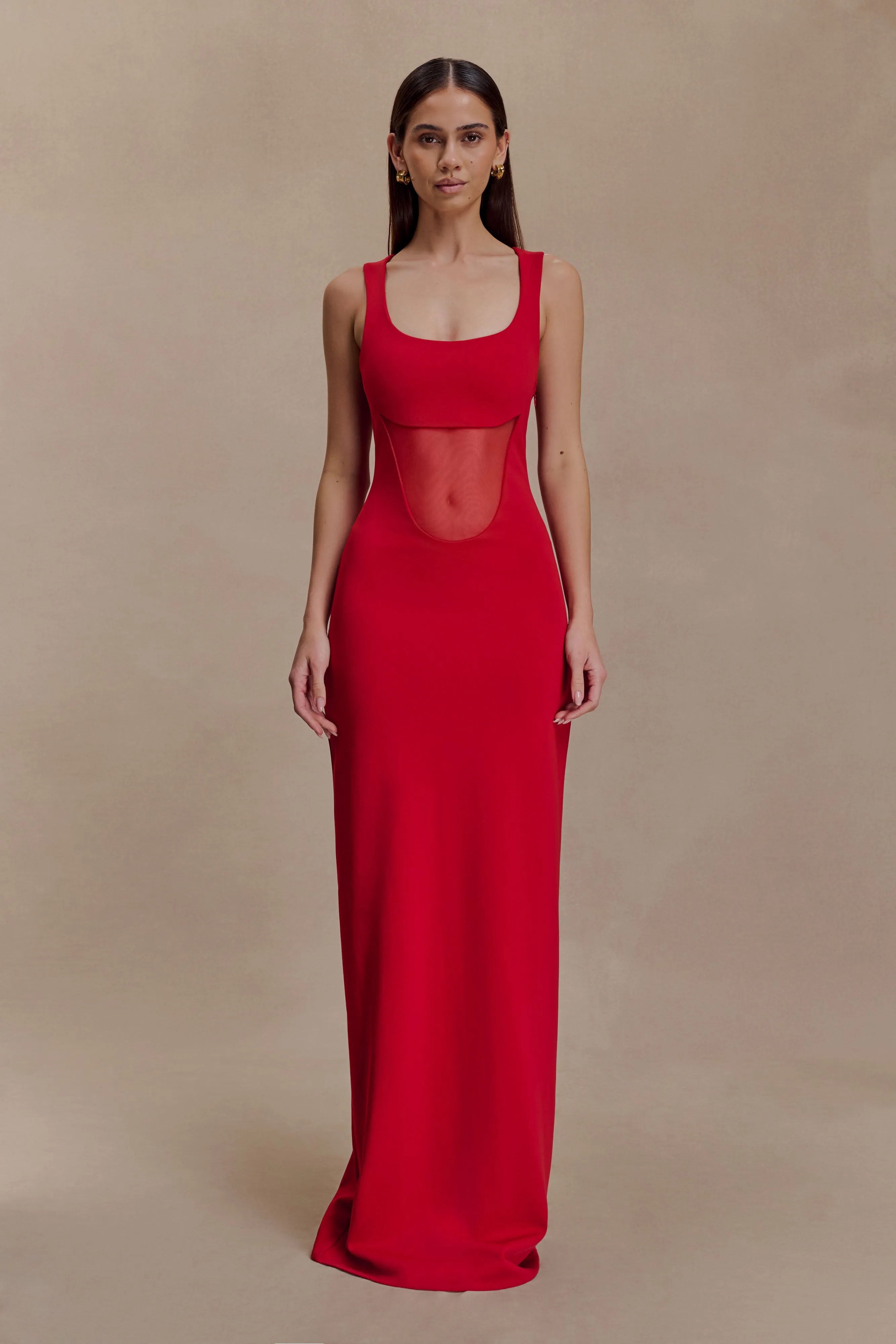 Marlon Crepe And Mesh Maxi Dress - Cherry Red sold by Meshki