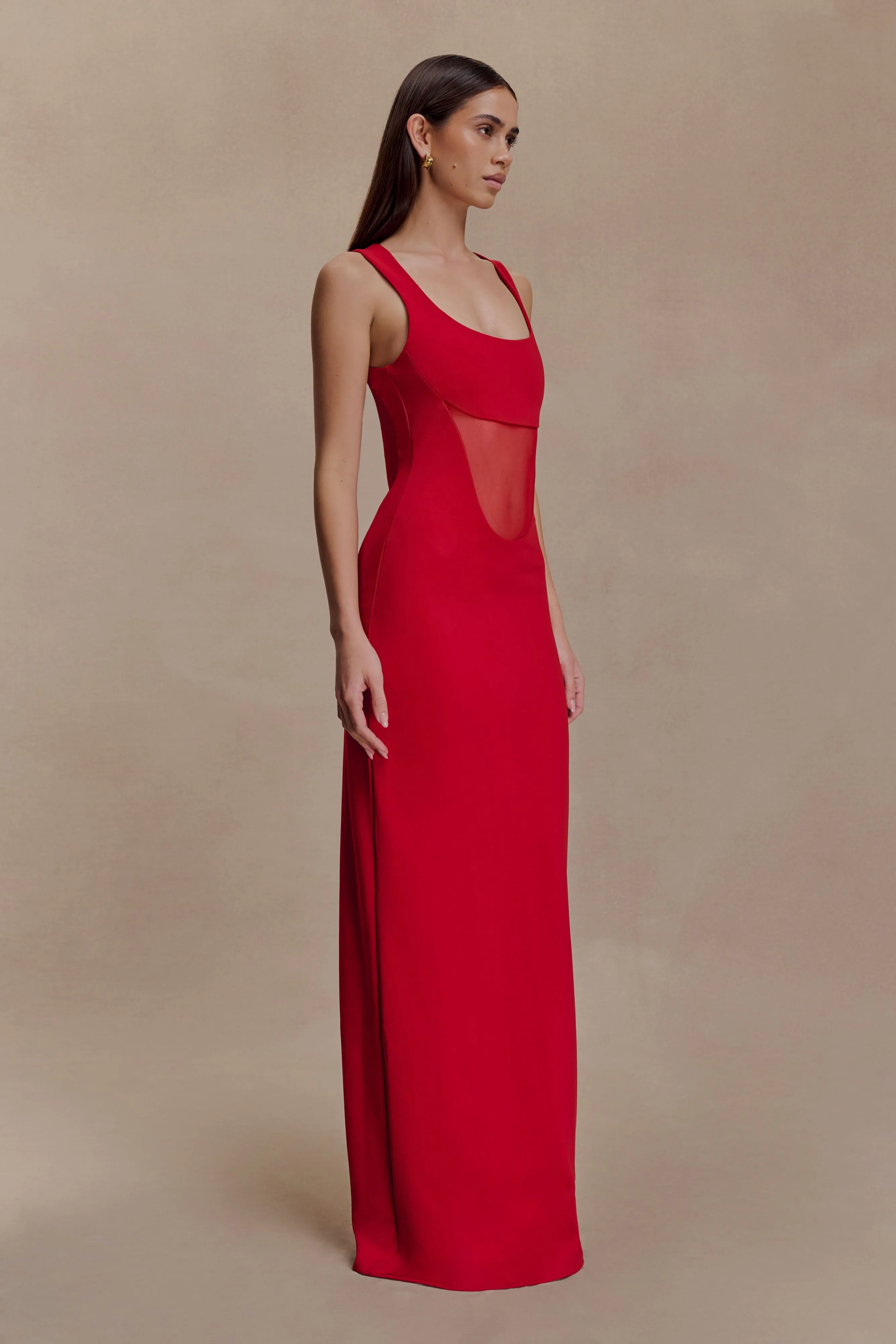 Marlon Crepe And Mesh Maxi Dress - Cherry Red sold by Meshki product image thumbnail 3
