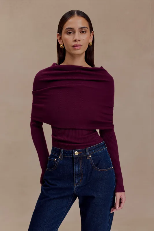 Mazie Asymetrical Cashmere Blend Long Sleeve Knit Top - Plum sold by Meshki
