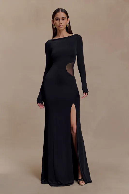Megan Slinky And Mesh Maxi Dress - Black sold by Meshki