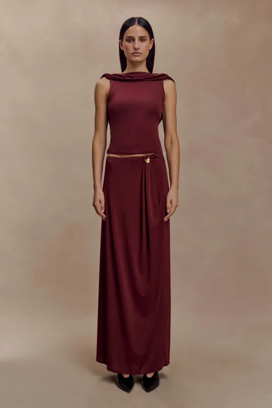 Bridget Slinky Maxi Skirt With Hardware - Burgundy sold by Meshki