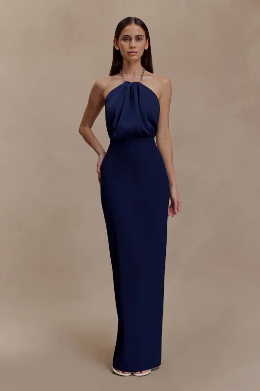 Elina Satin Necklace Maxi Dress - Navy sold by Meshki