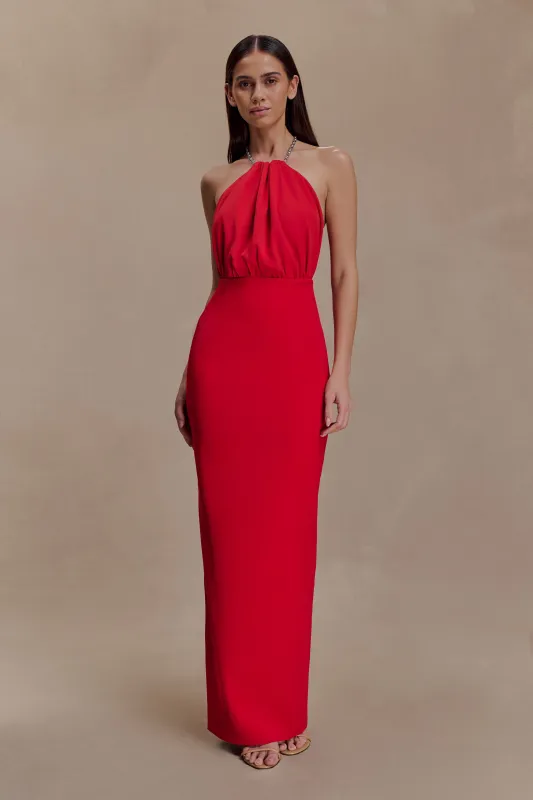 Elina Satin Necklace Maxi Dress - Red sold by Meshki