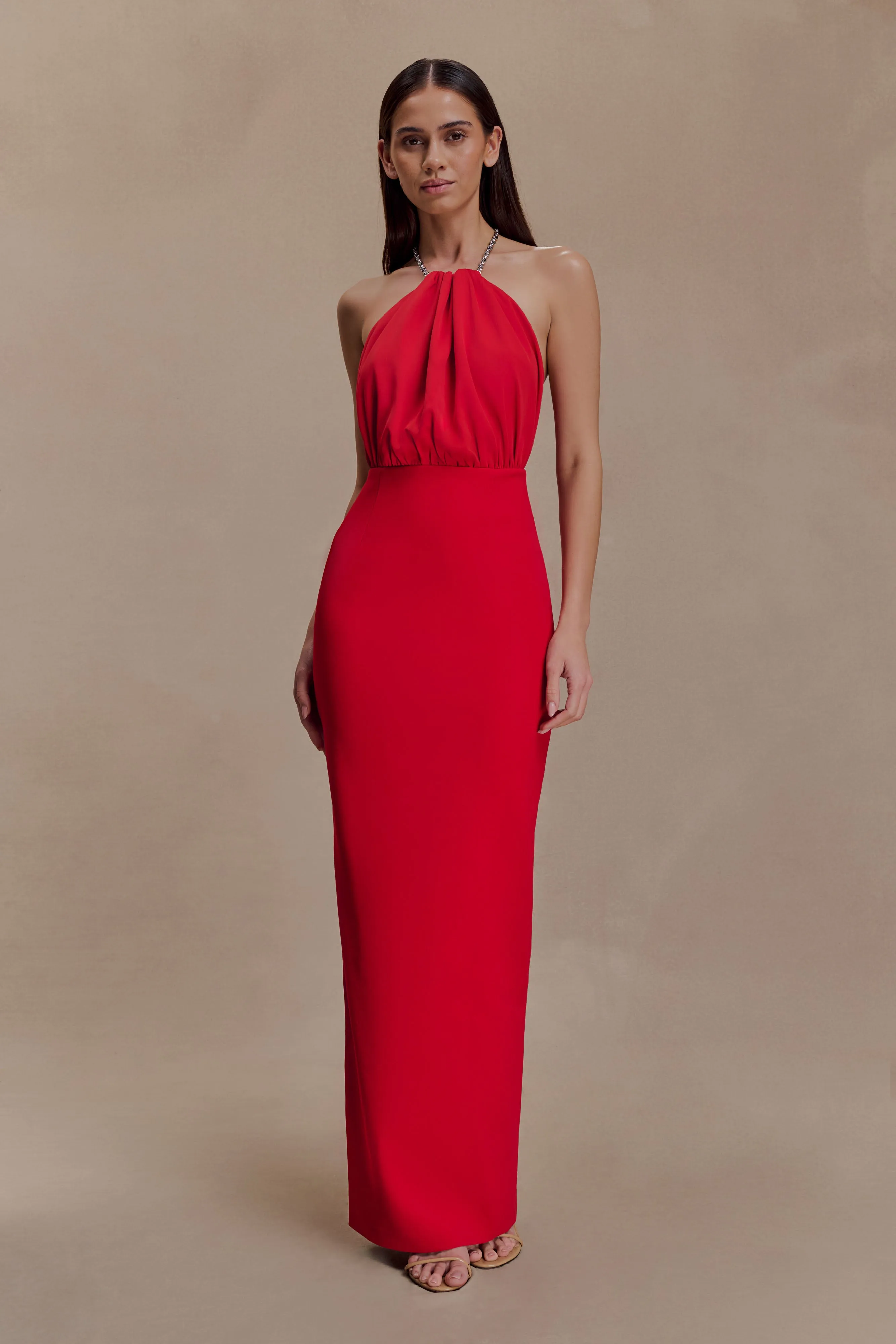 Elina Satin Necklace Maxi Dress - Red sold by Meshki