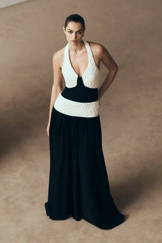 Celine Chiffon Maxi Dress - Black/White sold by Meshki
