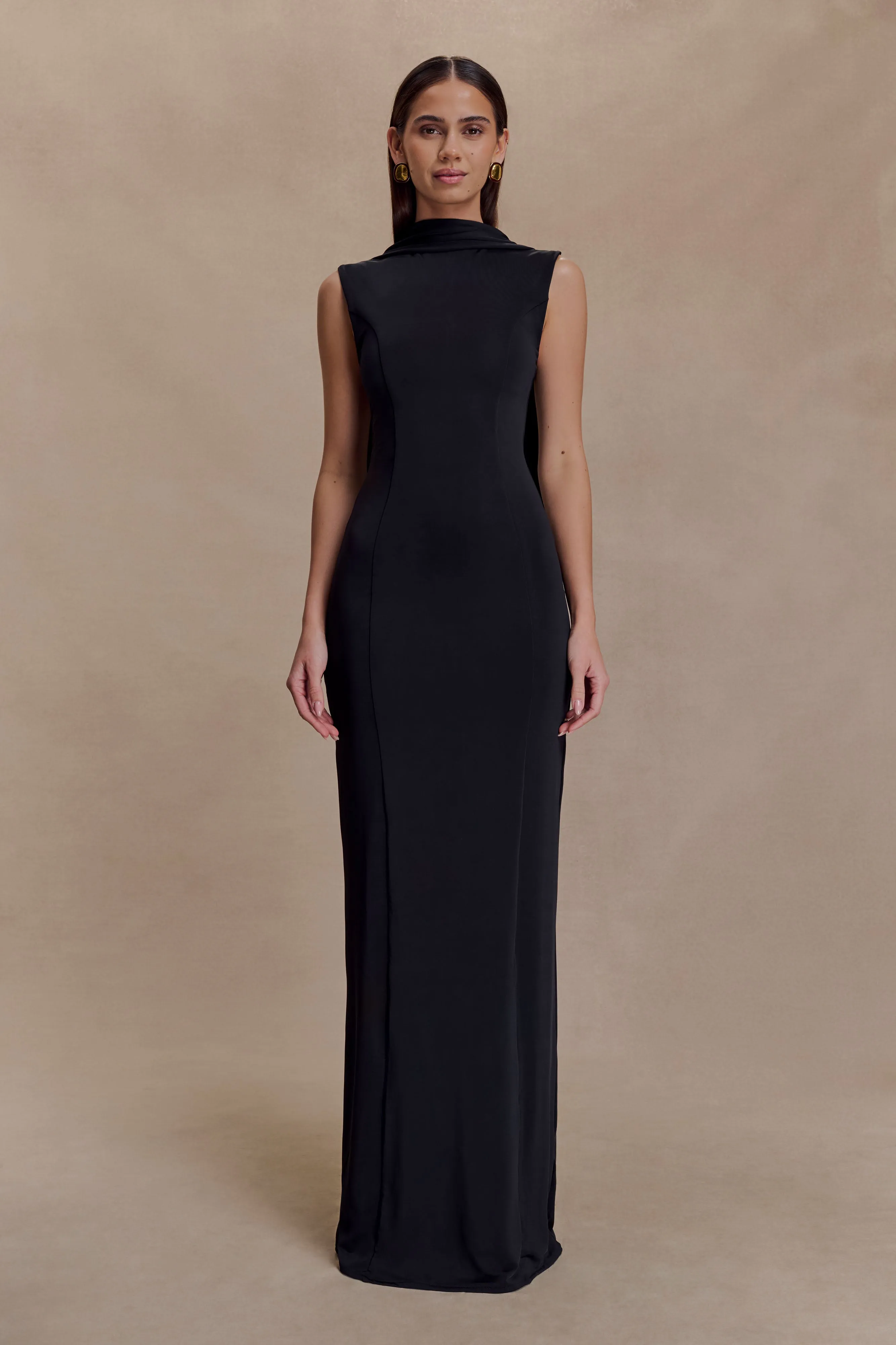 Wisteria Slinky Maxi Dress With Scarf - Black sold by Meshki