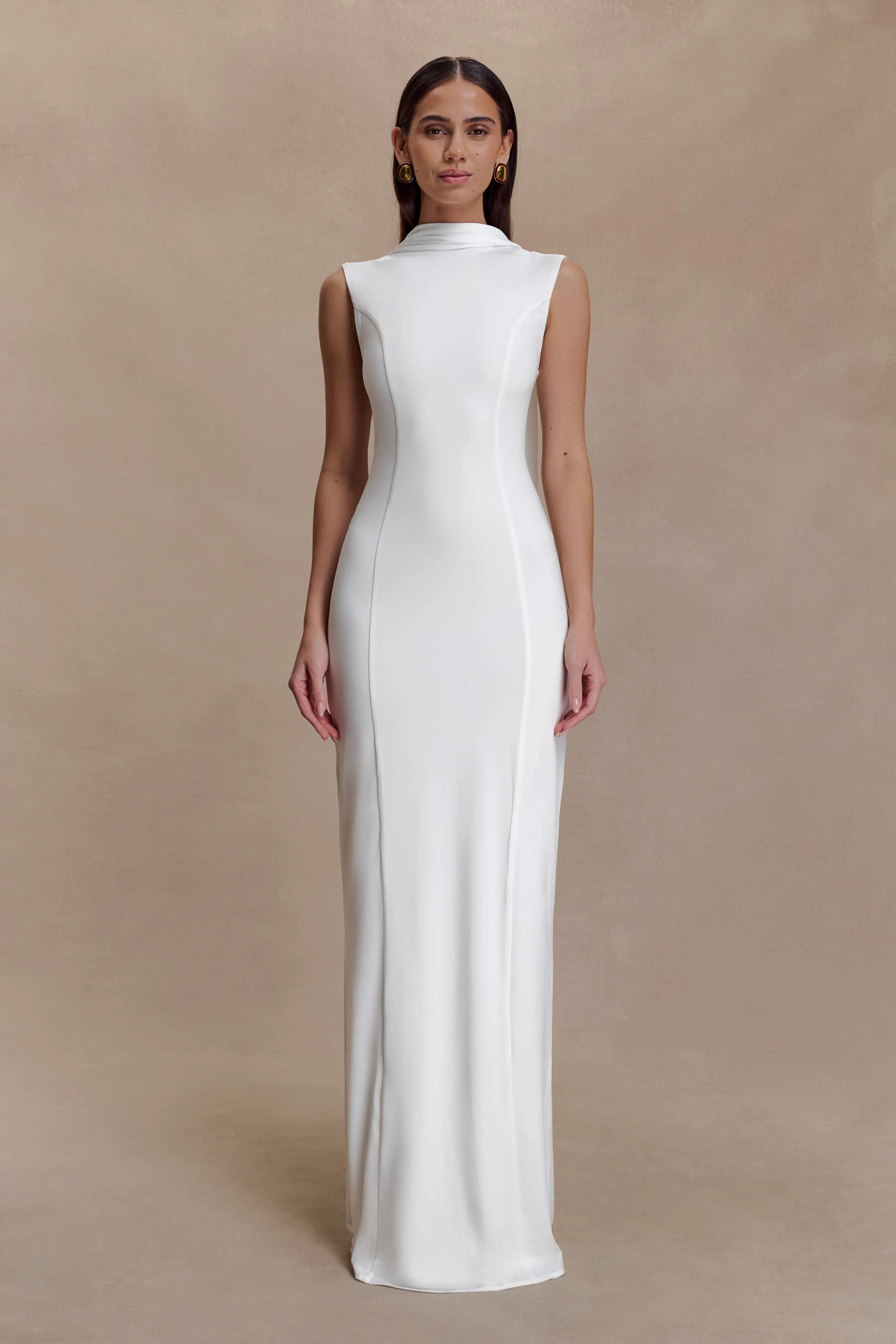 Wisteria Slinky Maxi Dress With Scarf - White sold by Meshki