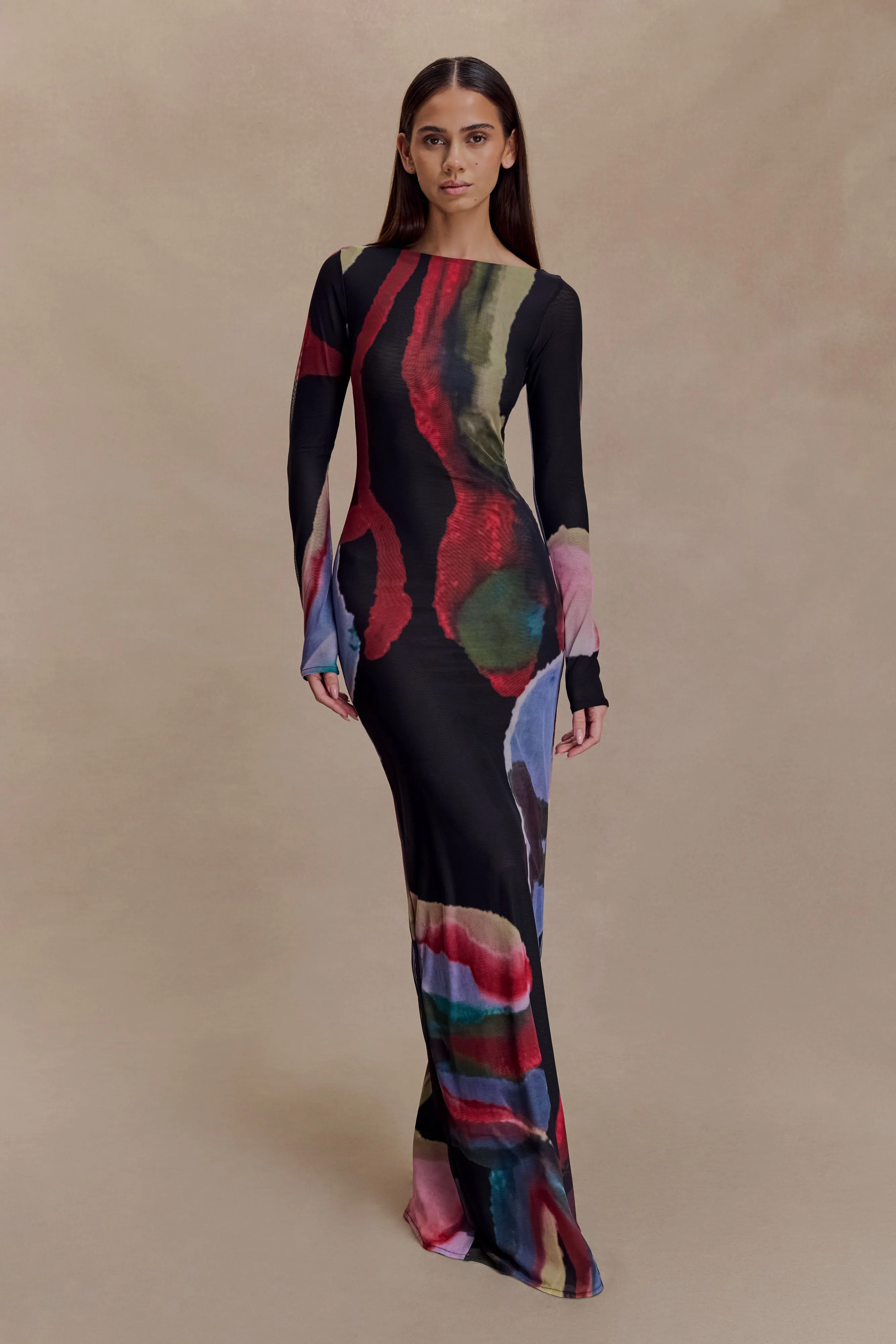 Soraya Long Sleeve Mesh Maxi Dress - Multi Fluid Reverie Print sold by Meshki product image thumbnail 5