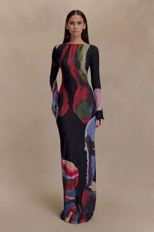 Soraya Long Sleeve Mesh Maxi Dress - Multi Fluid Reverie Print sold by Meshki