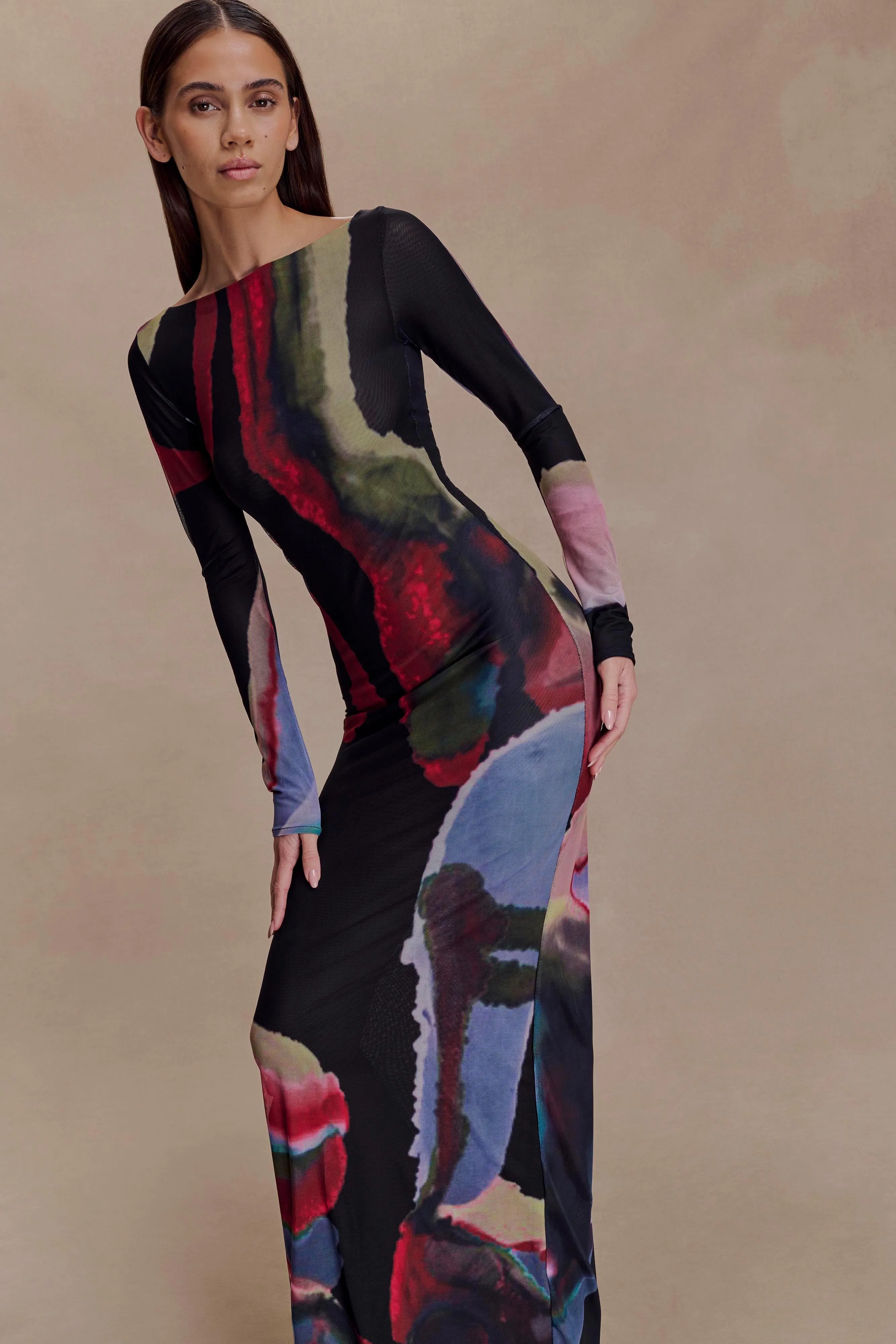 Soraya Long Sleeve Mesh Maxi Dress - Multi Fluid Reverie Print sold by Meshki product image thumbnail 3
