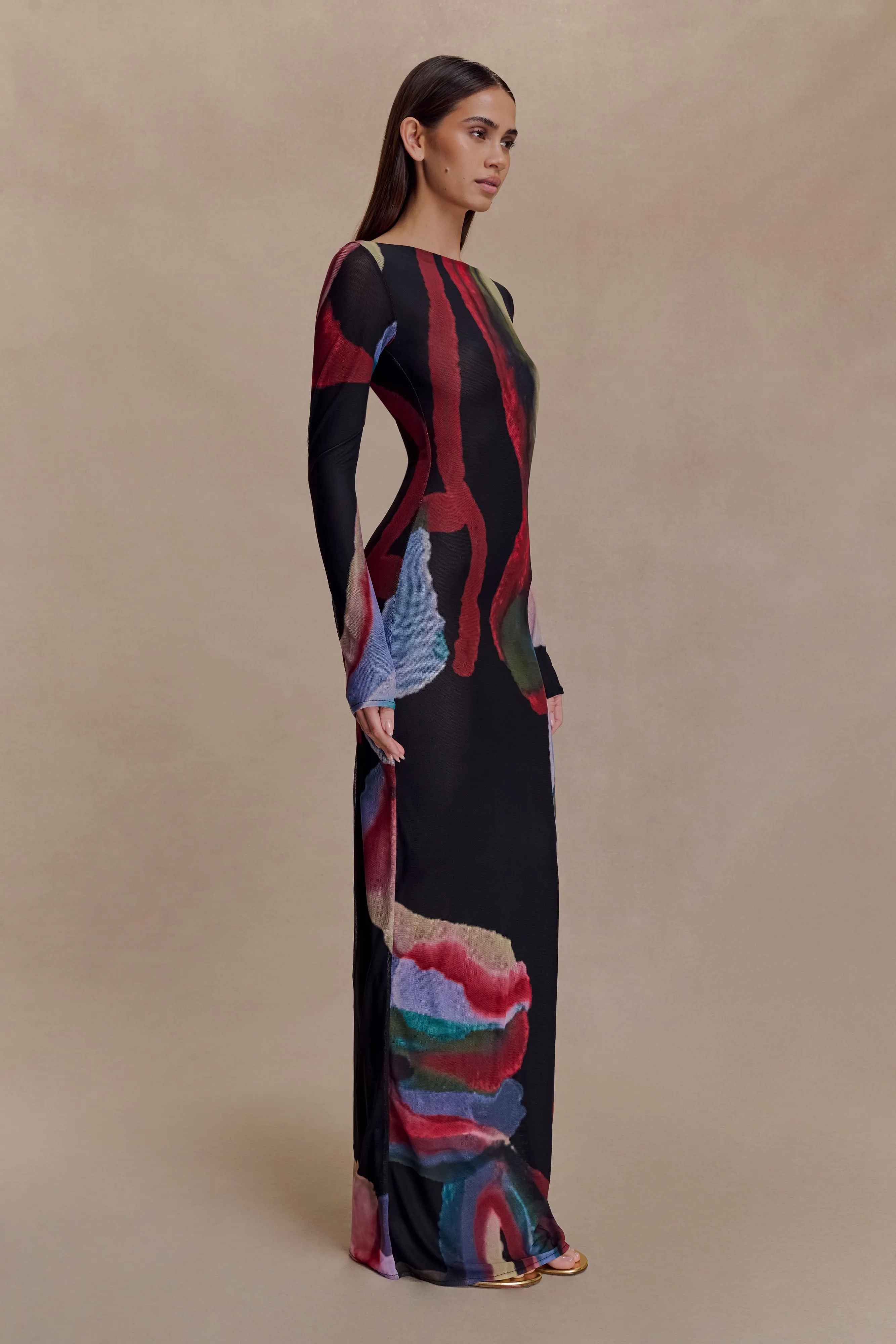 Soraya Long Sleeve Mesh Maxi Dress - Multi Fluid Reverie Print sold by Meshki product image thumbnail 4
