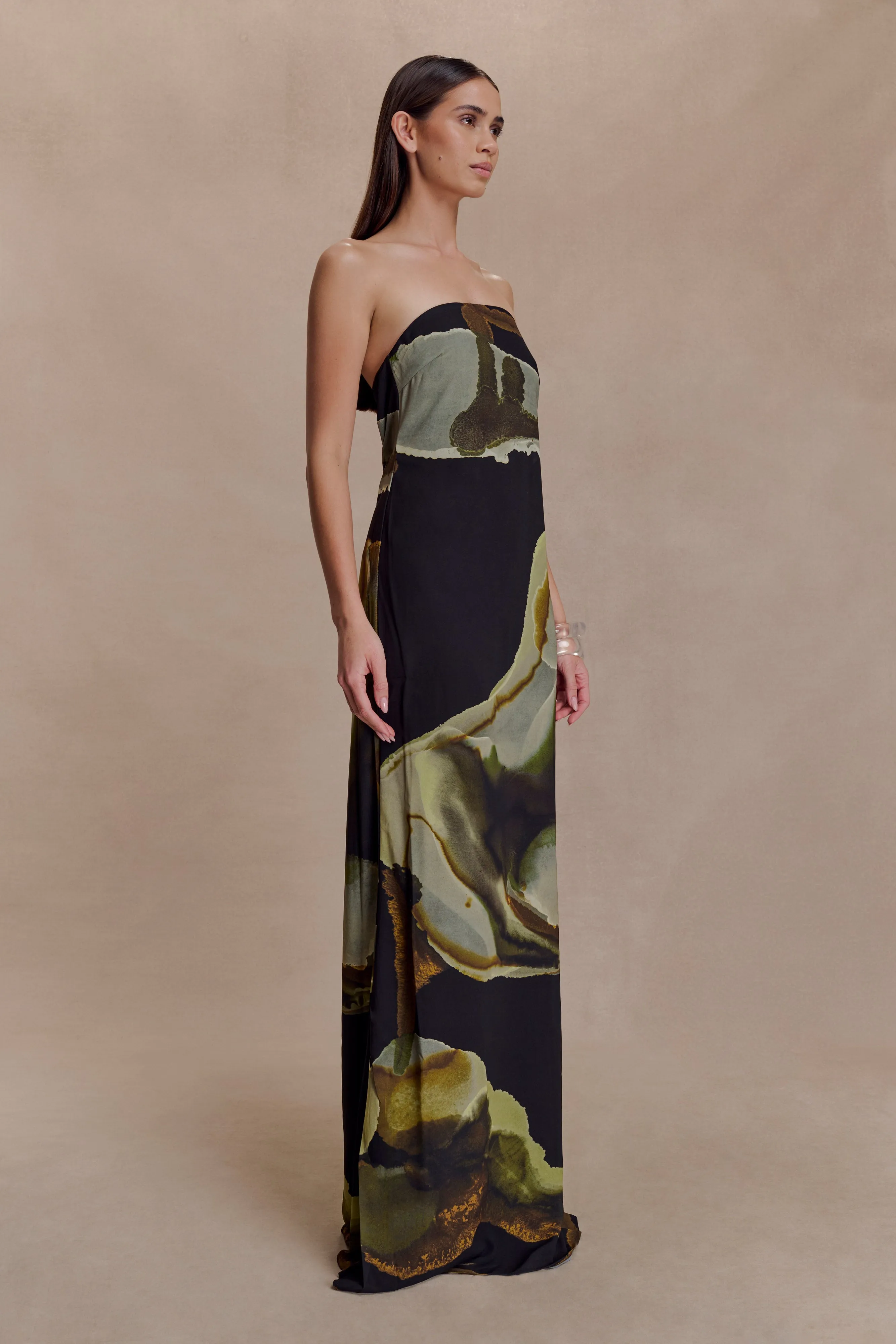 Amaya Strapless Chiffon Maxi Dress - Green Fluid Reverie Print sold by Meshki product image thumbnail 4