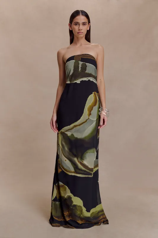 Amaya Strapless Chiffon Maxi Dress - Green Fluid Reverie Print sold by Meshki