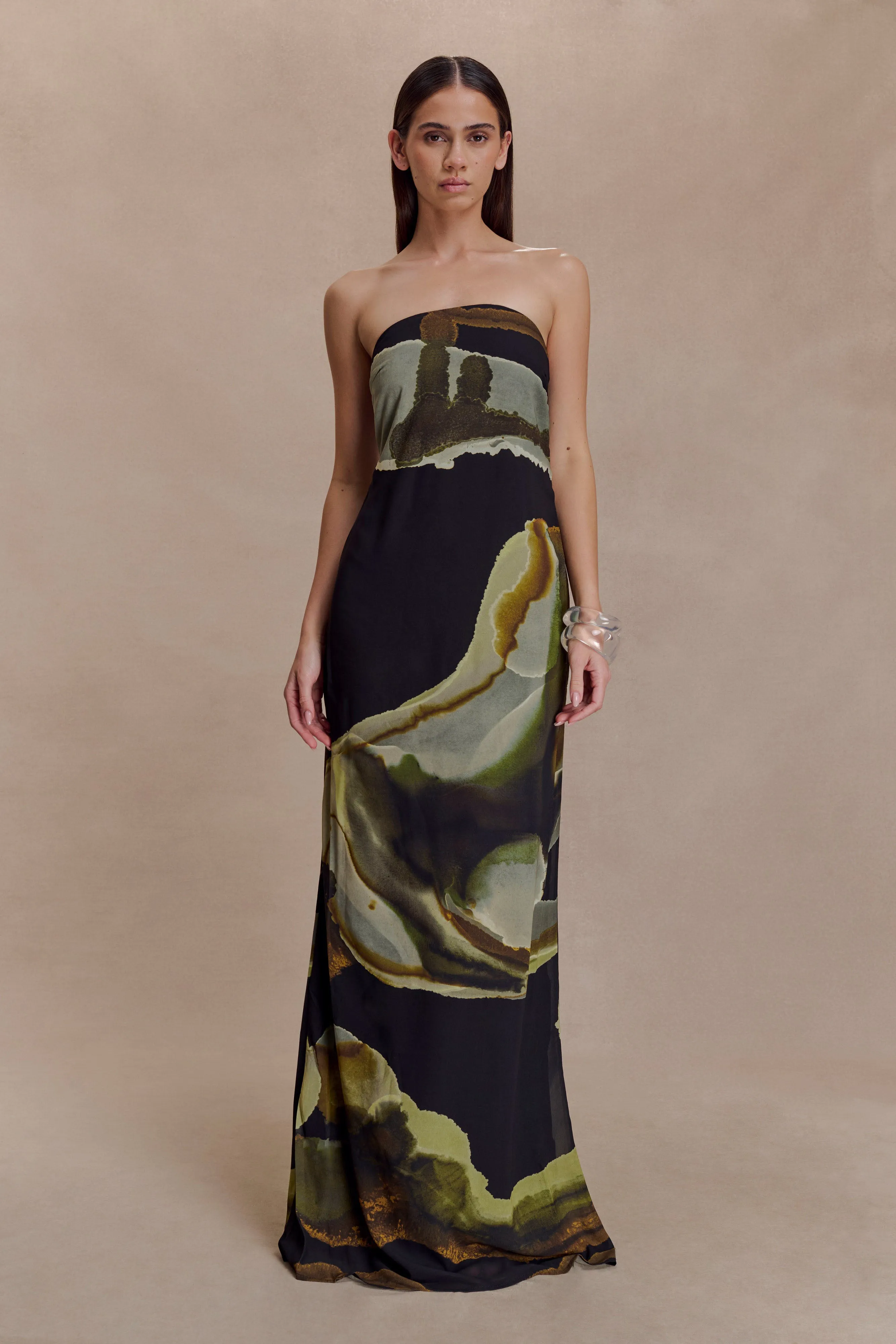 Amaya Strapless Chiffon Maxi Dress - Green Fluid Reverie Print sold by Meshki