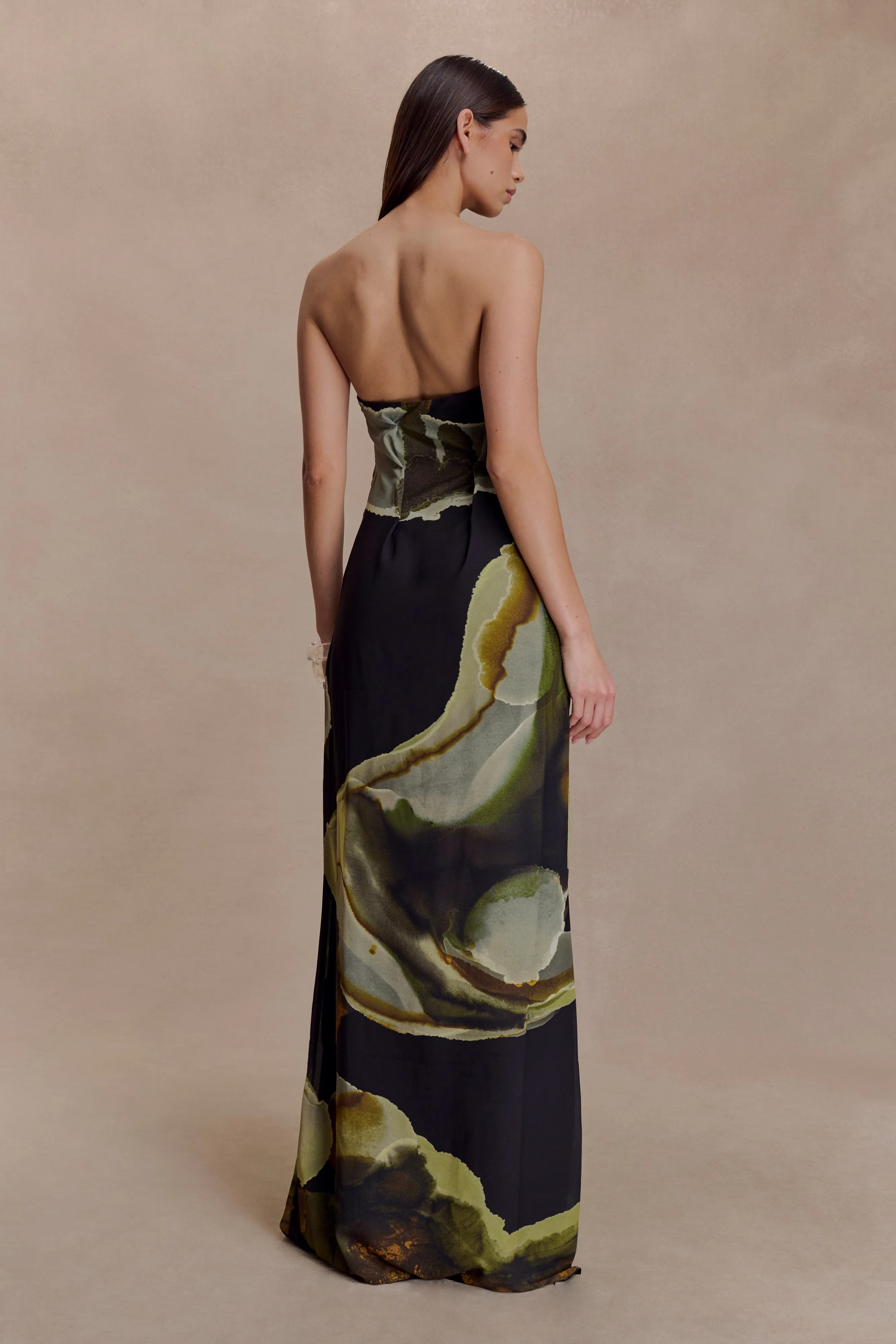 Amaya Strapless Chiffon Maxi Dress - Green Fluid Reverie Print sold by Meshki product image thumbnail 2