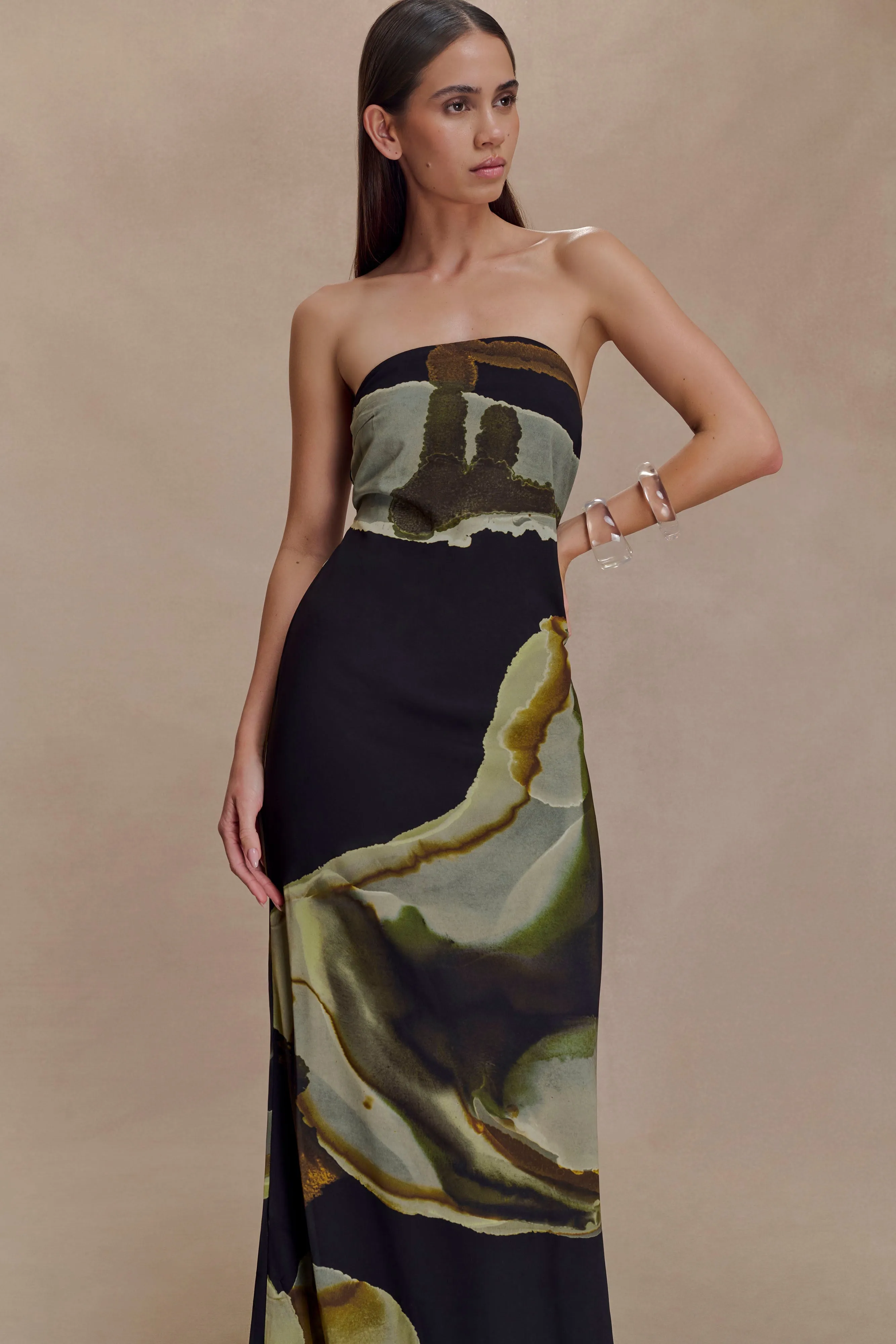 Amaya Strapless Chiffon Maxi Dress - Green Fluid Reverie Print sold by Meshki product image thumbnail 3