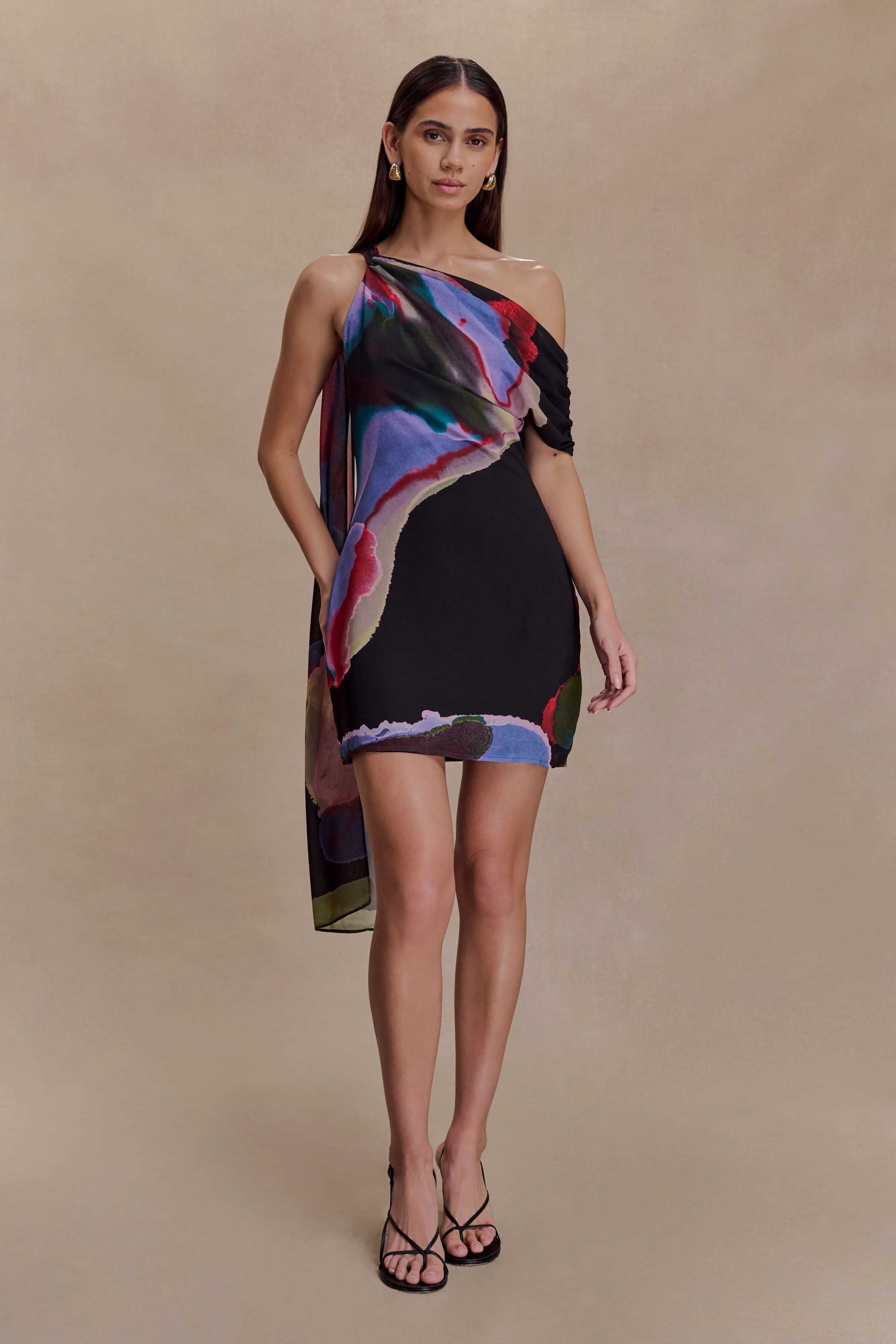 Daisie Chiffon Mini Dress - Multi Fluid Reverie Print sold by Meshki