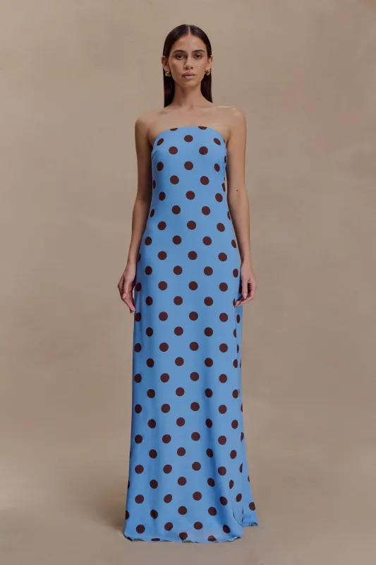Amaya Strapless Chiffon Maxi Dress - Blue Polka Dot sold by Meshki