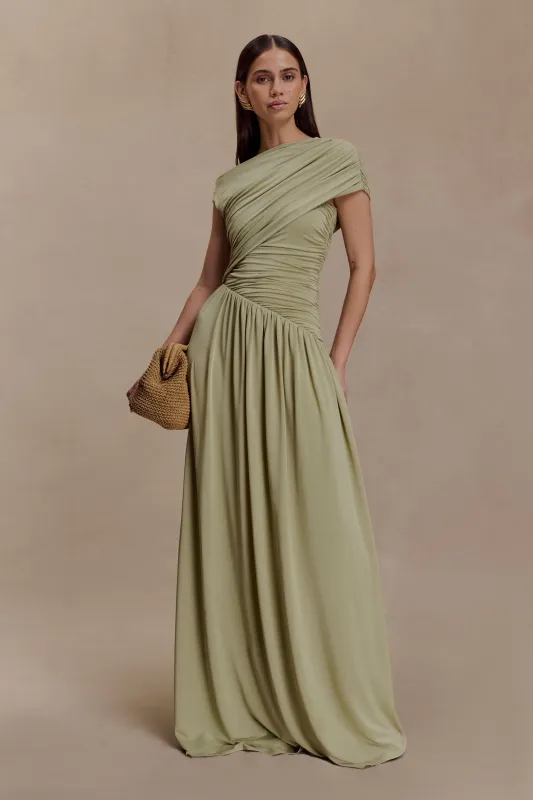Ayeshya Slinky Asymmetric Maxi Dress - Sage sold by Meshki