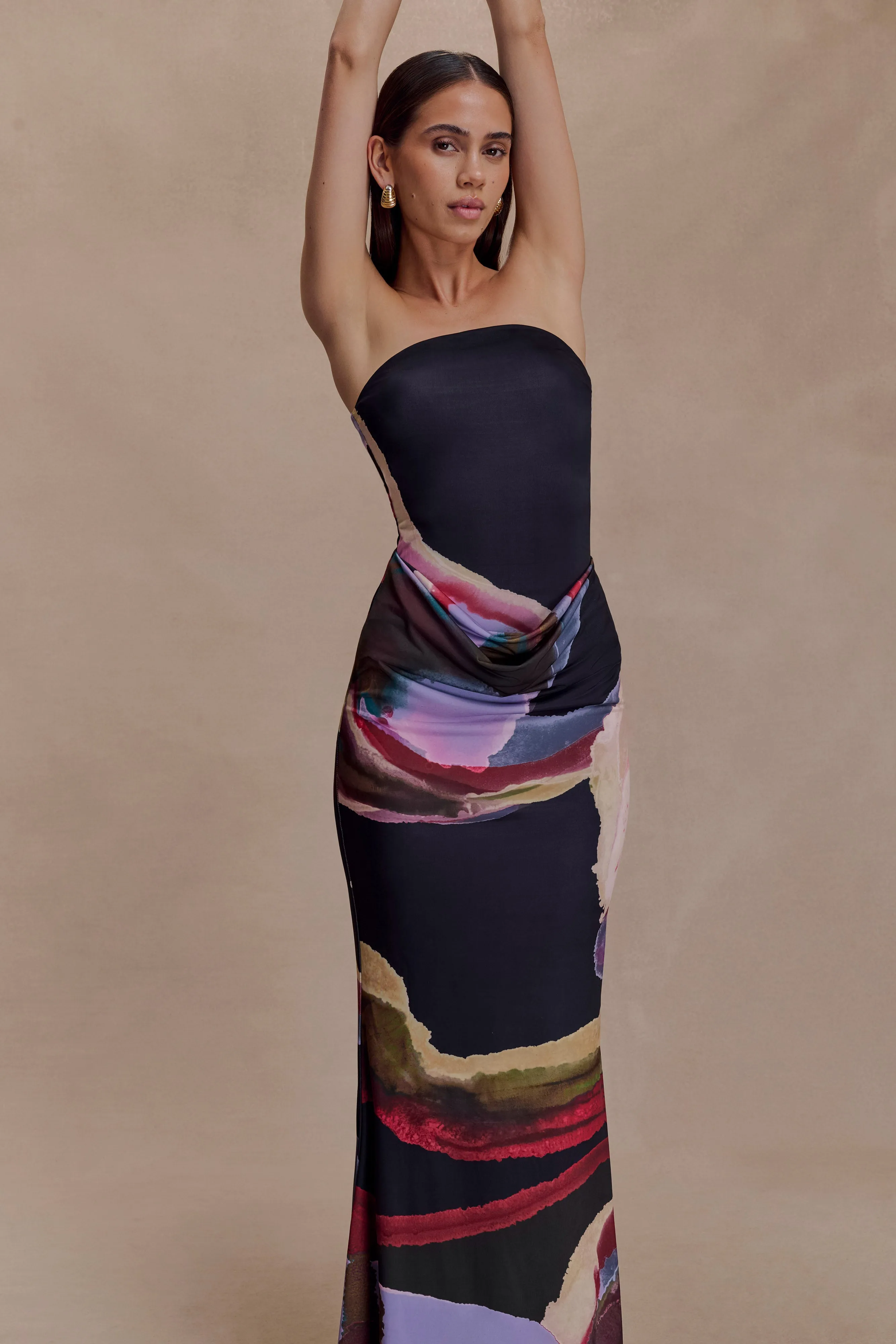 Madison Strapless Slinky Maxi Dress - Multi Fluid Reverie Print sold by Meshki product image thumbnail 4