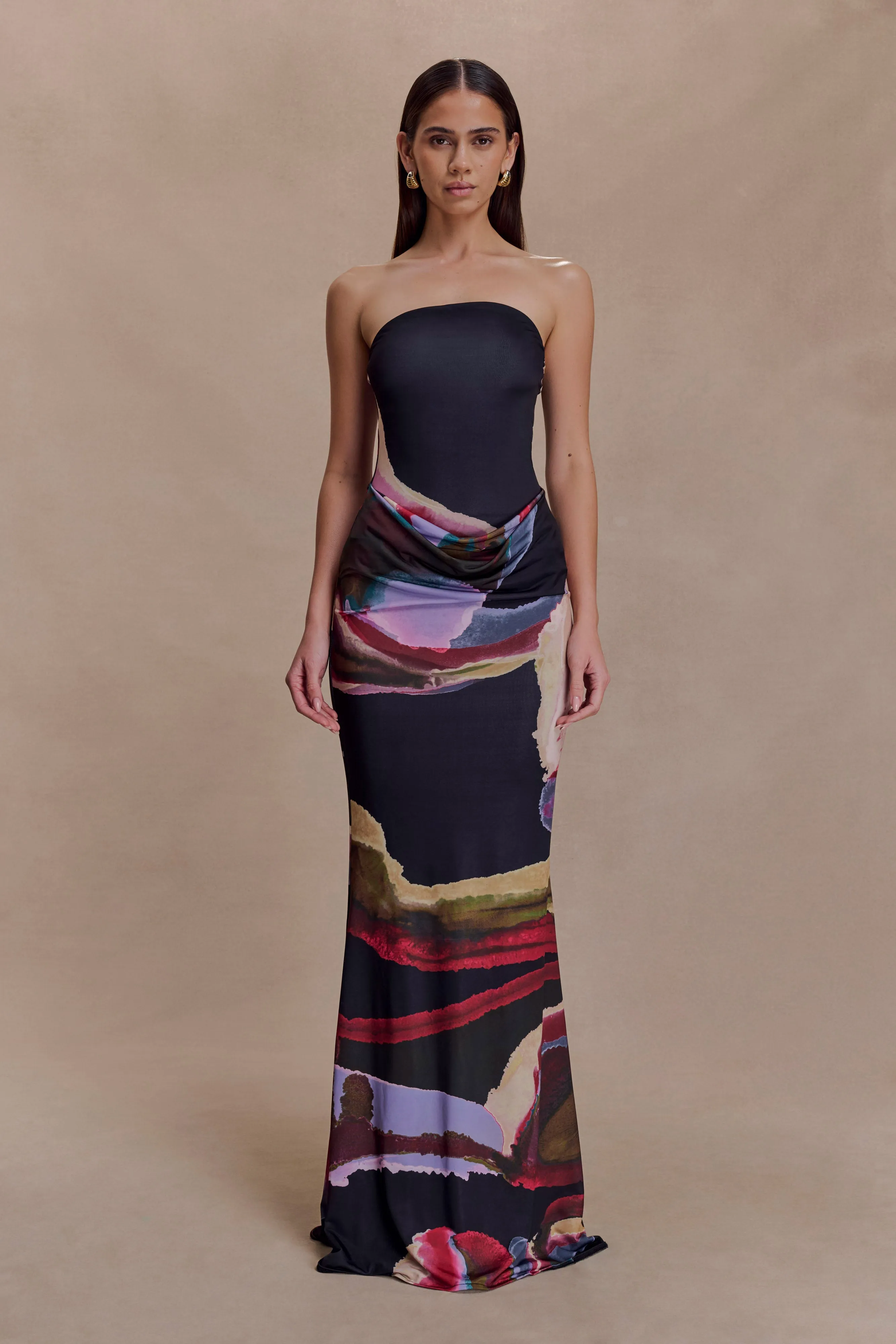 Madison Strapless Slinky Maxi Dress - Multi Fluid Reverie Print sold by Meshki