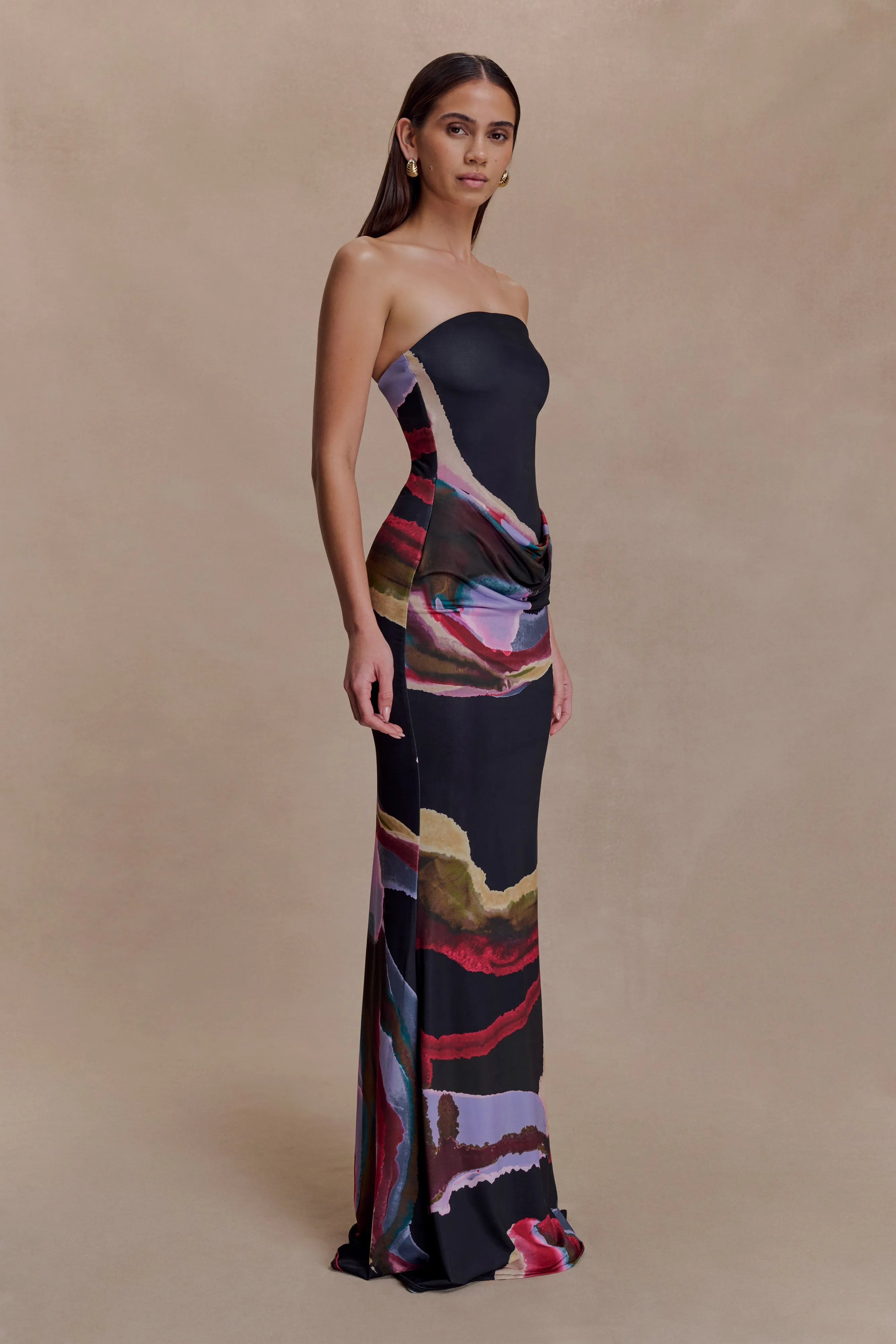 Madison Strapless Slinky Maxi Dress - Multi Fluid Reverie Print sold by Meshki product image thumbnail 5