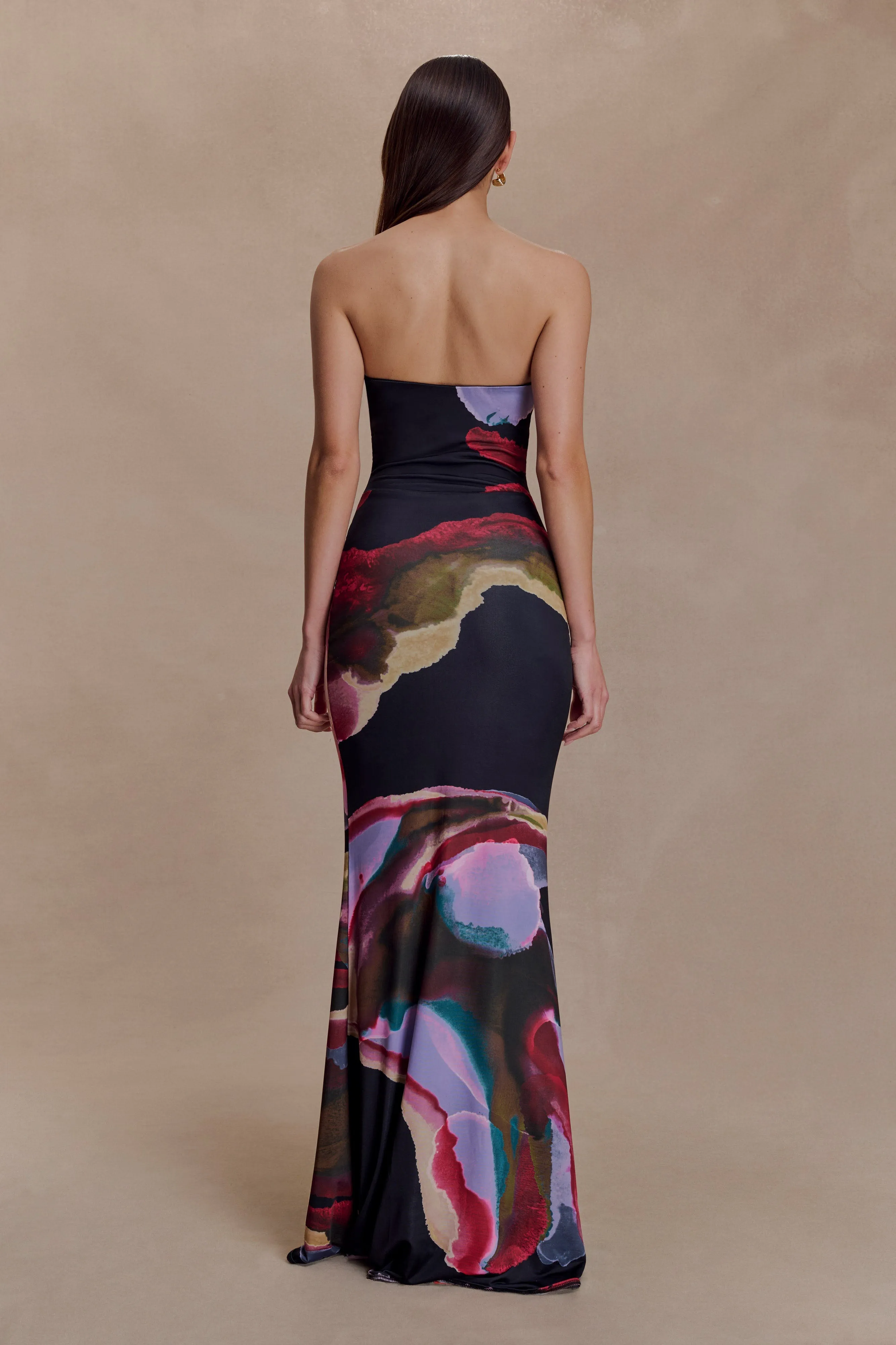 Madison Strapless Slinky Maxi Dress - Multi Fluid Reverie Print sold by Meshki product image thumbnail 2