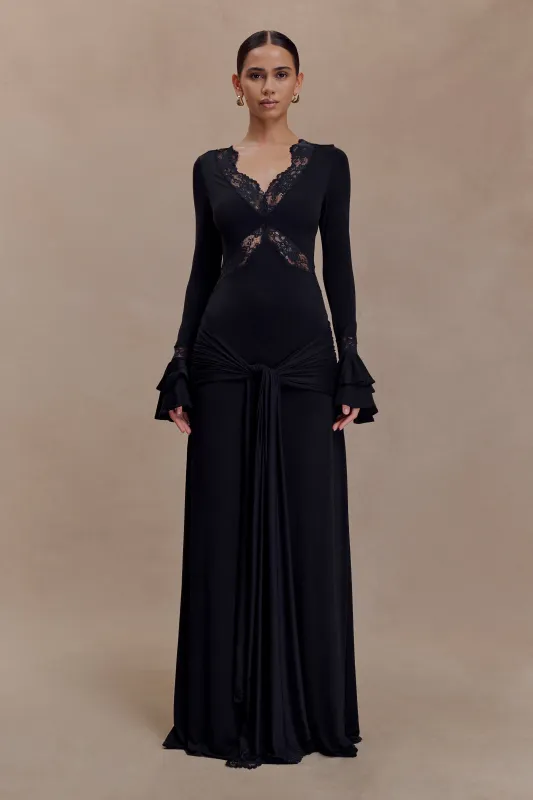 Electra Slinky Lace Maxi Dress - Black sold by Meshki