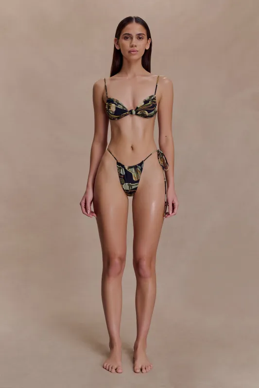 Andie Ruched String Side Bikini Brief - Green Fluid Reverie Print sold by Meshki