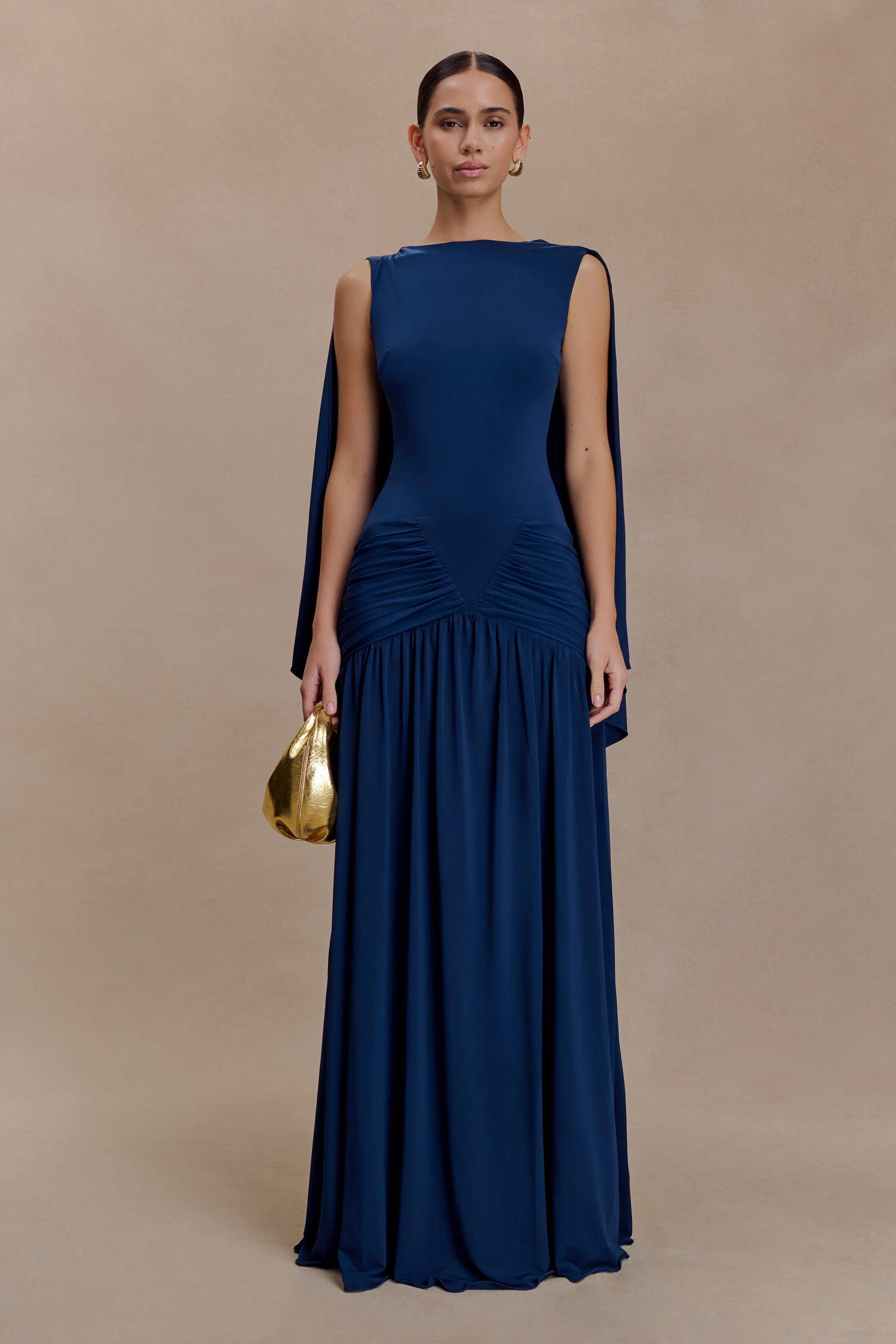 Emory Jersey Cape Maxi Dress - Navy sold by Meshki
