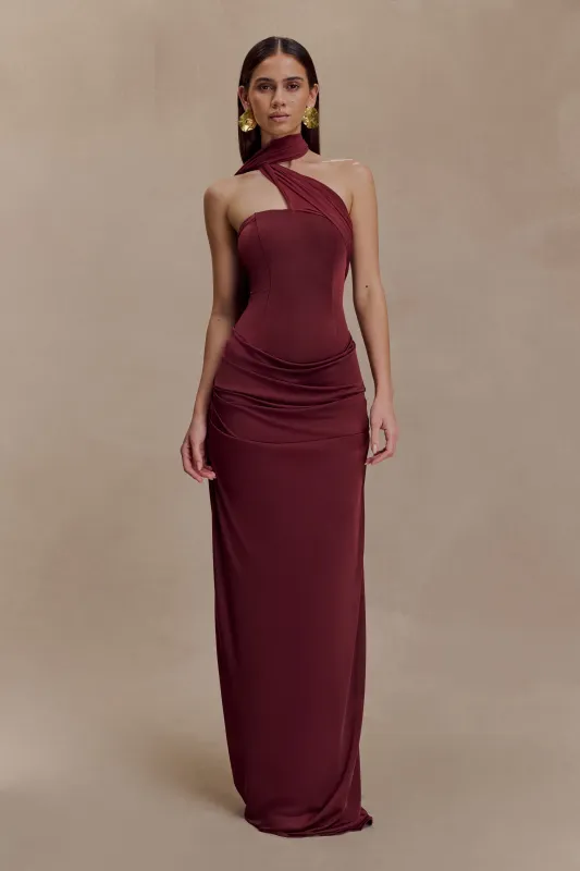 Mattea Slinky And Mesh Maxi Dress With Scarf - Burgundy sold by Meshki